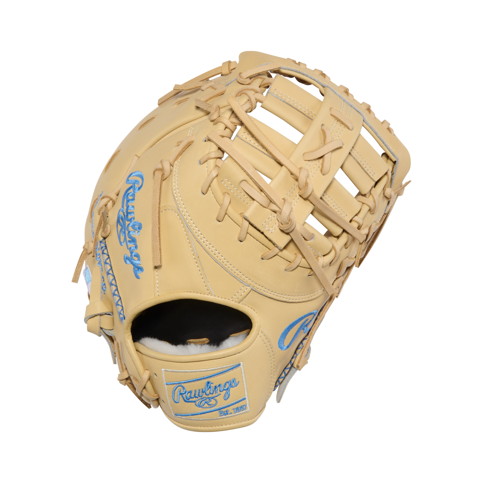Rawlings Pro Preferred BH3 first base mitt back view, showing the Rawlings script logo, MLB Batterman patch, and laced wrist strap.