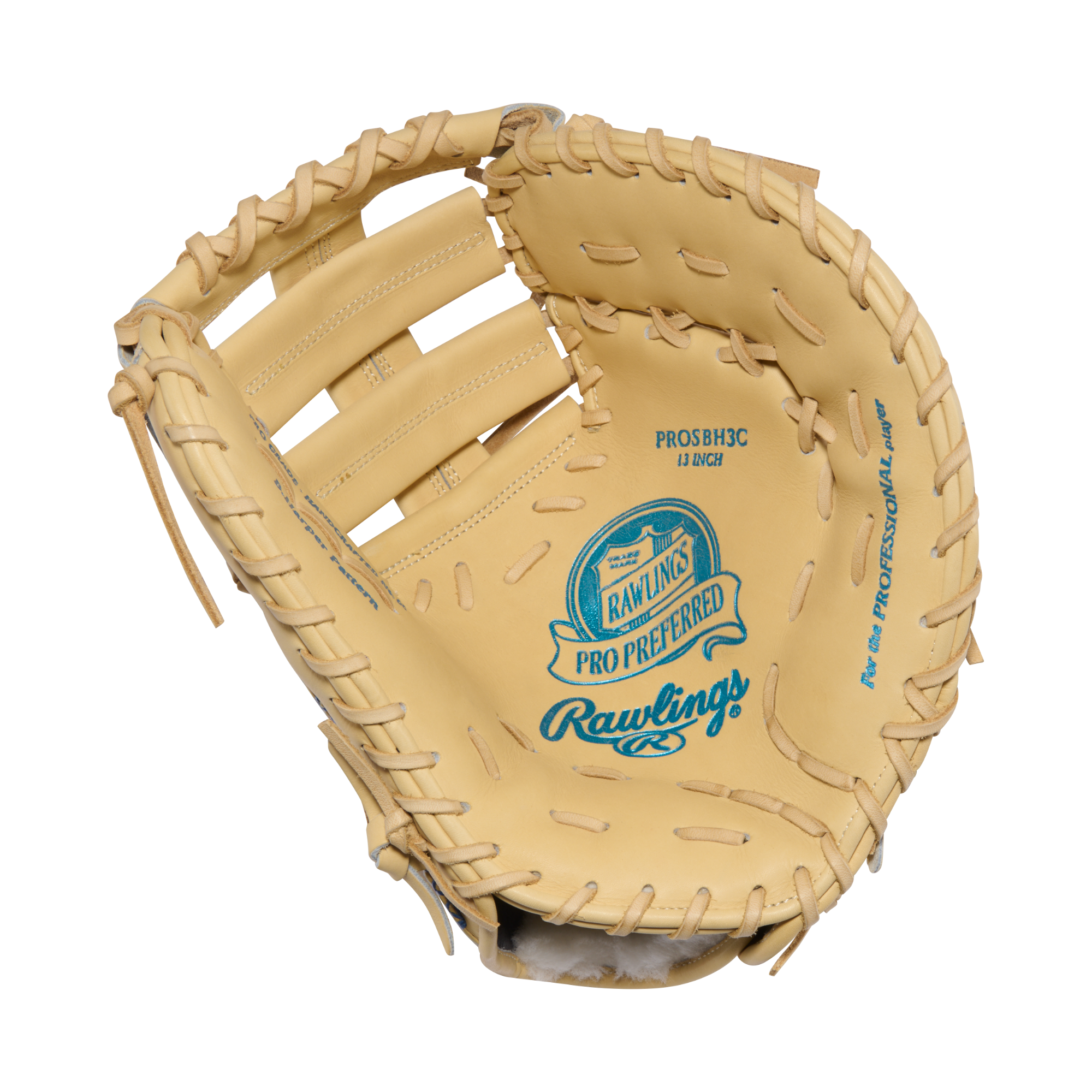 Rawlings Pro Preferred BH3 first base mitt, front three-quarter view showing the laced web pocket and embroidered Rawlings logo near the thumb.