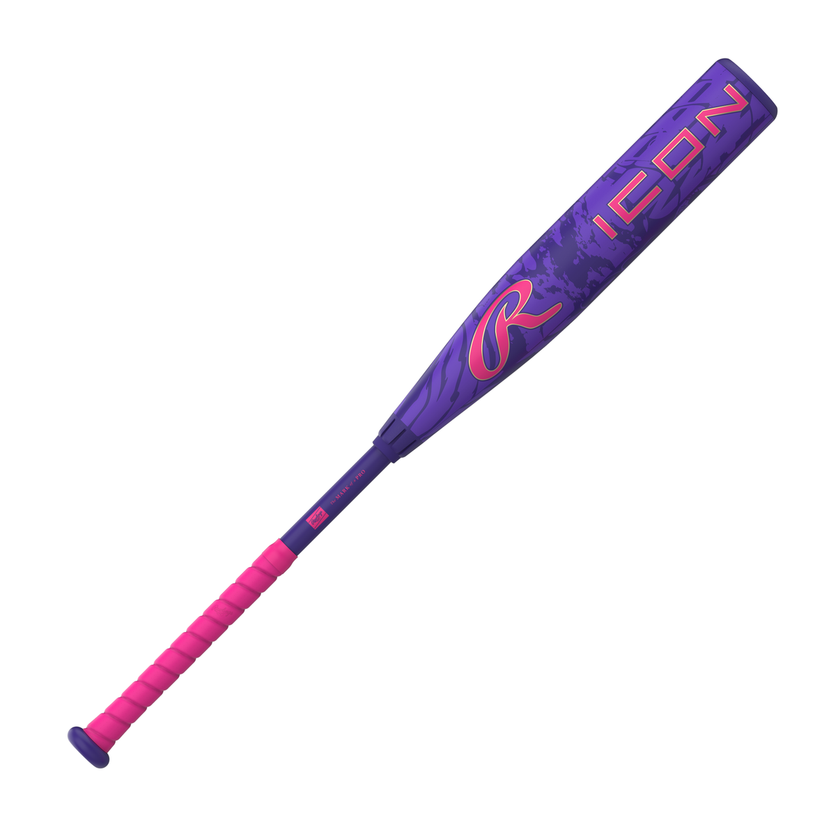 2027 Rawlings Icon -5 USSSA Baseball Bat front view with purple composite barrel and pink RevGrip