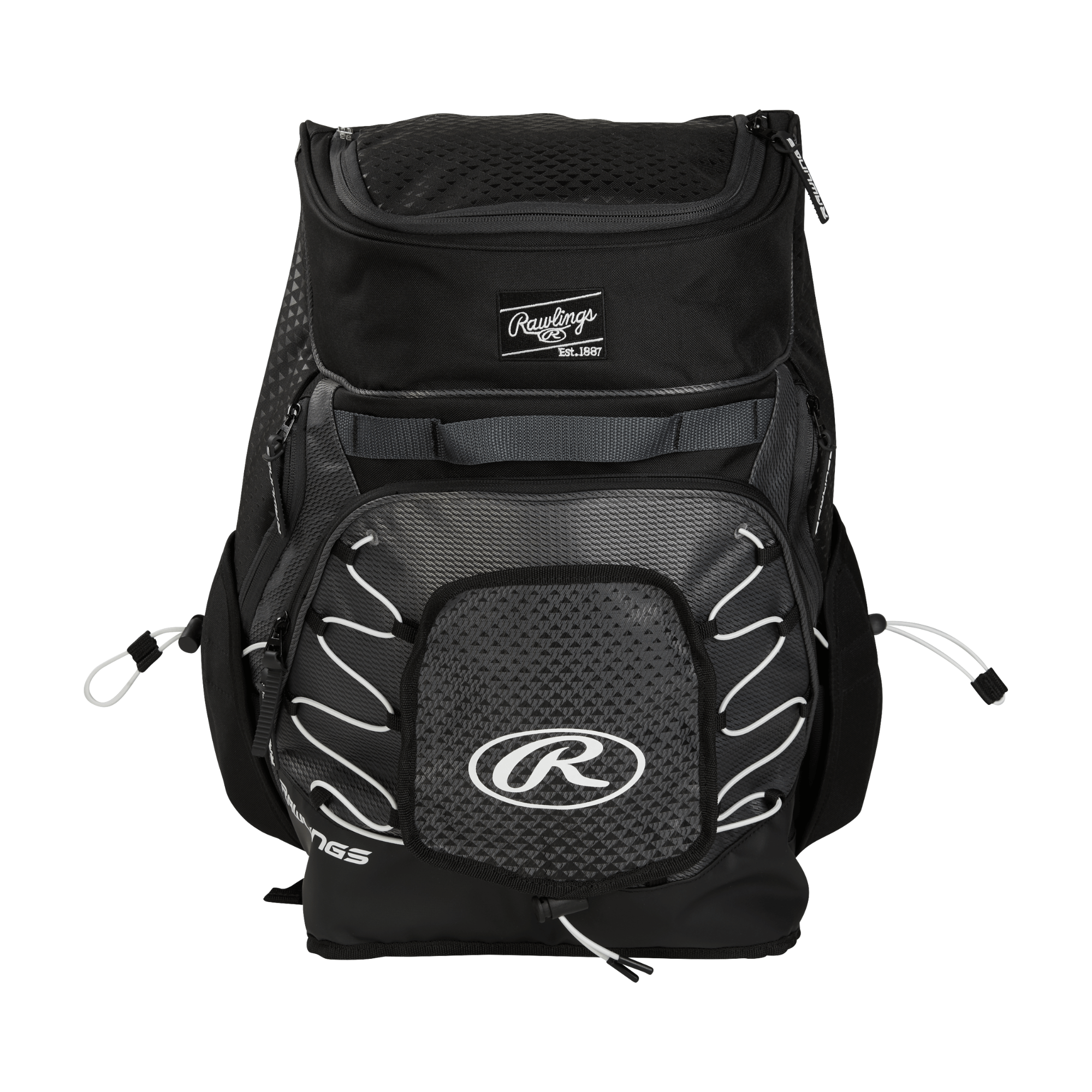 Rawlings Fastpitch Backpack Black with customizable beaver tail and secondary compartments