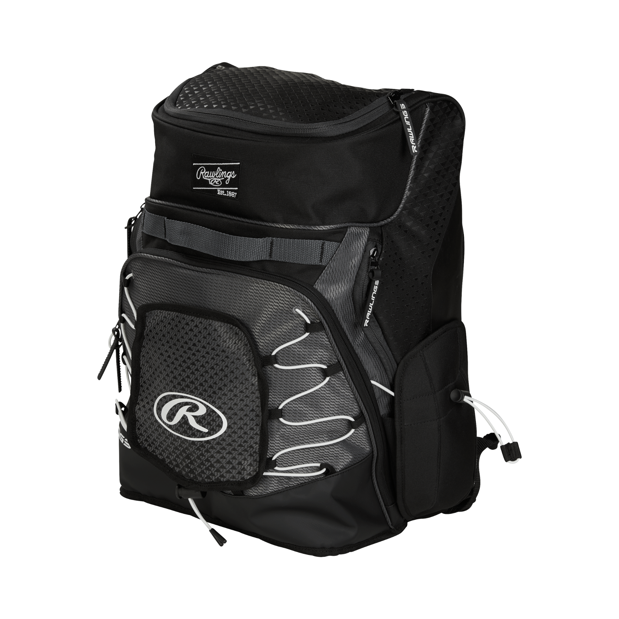 Rawlings Fastpitch Backpack Black with customizable beaver tail and secondary compartments