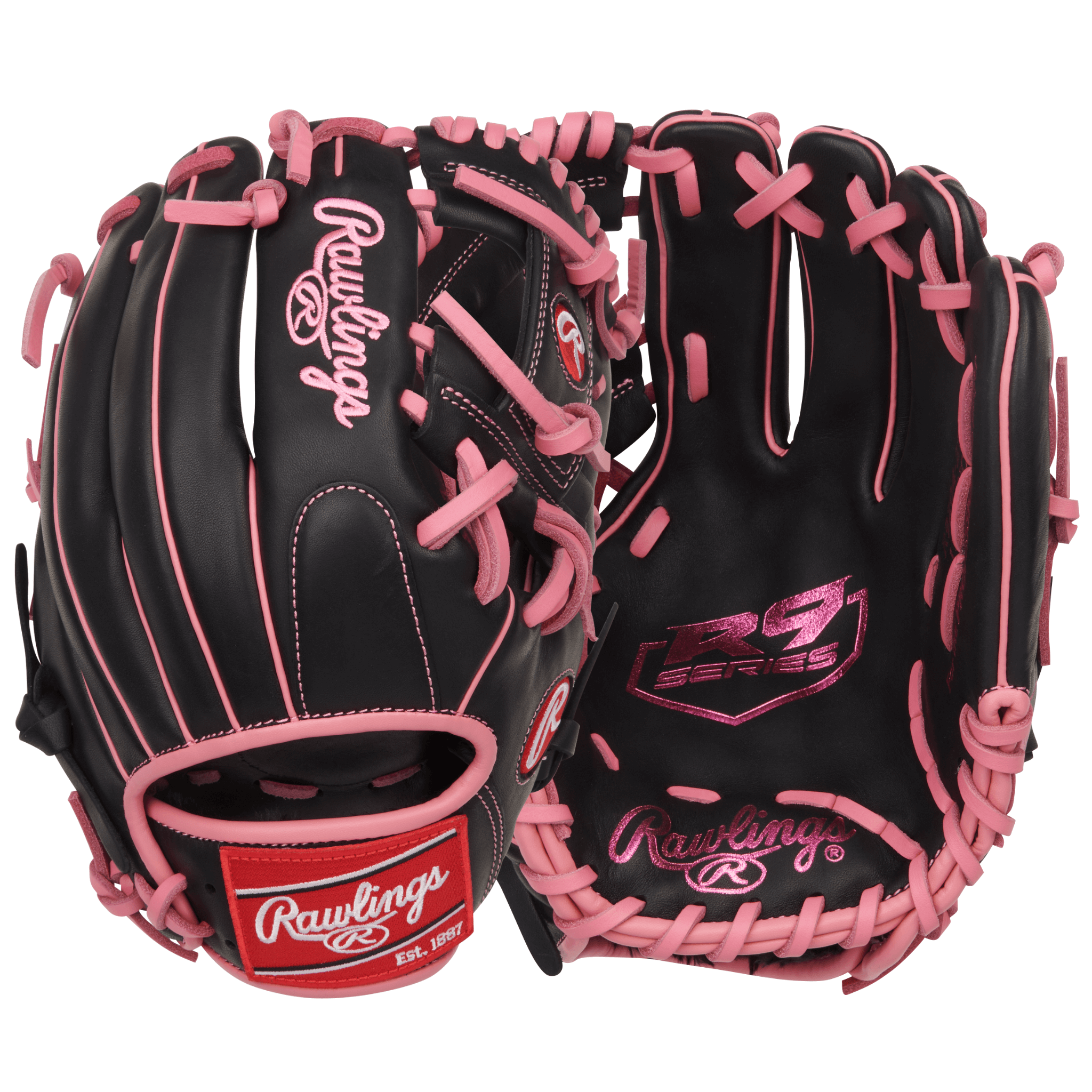 Rawlings R9 11.5" Black/Pink infield baseball glove front and back view with 200 pattern and Pro I™ web