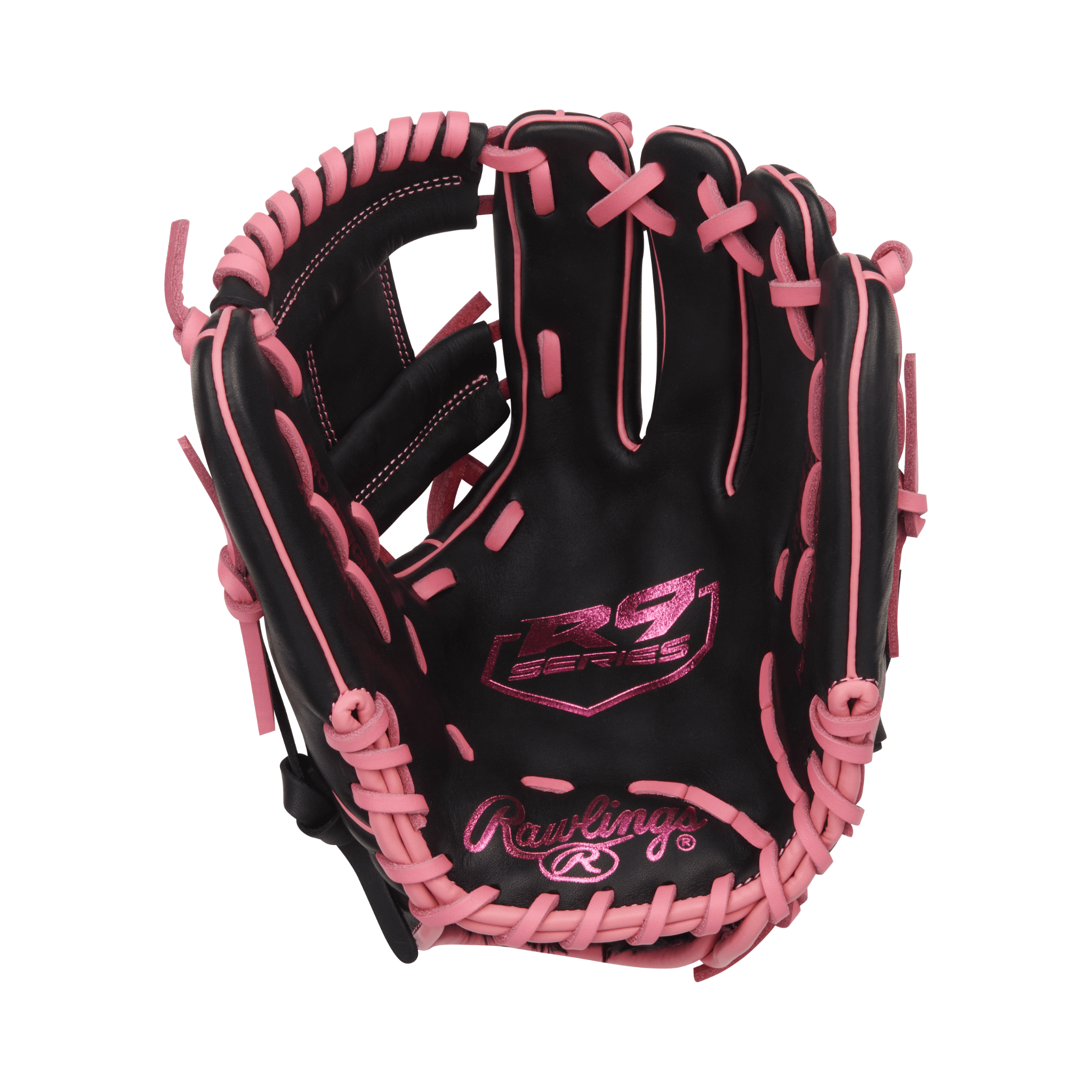 Palm view of Rawlings R9 11.5" Black/Pink infield glove with deep pocket and durable leather construction