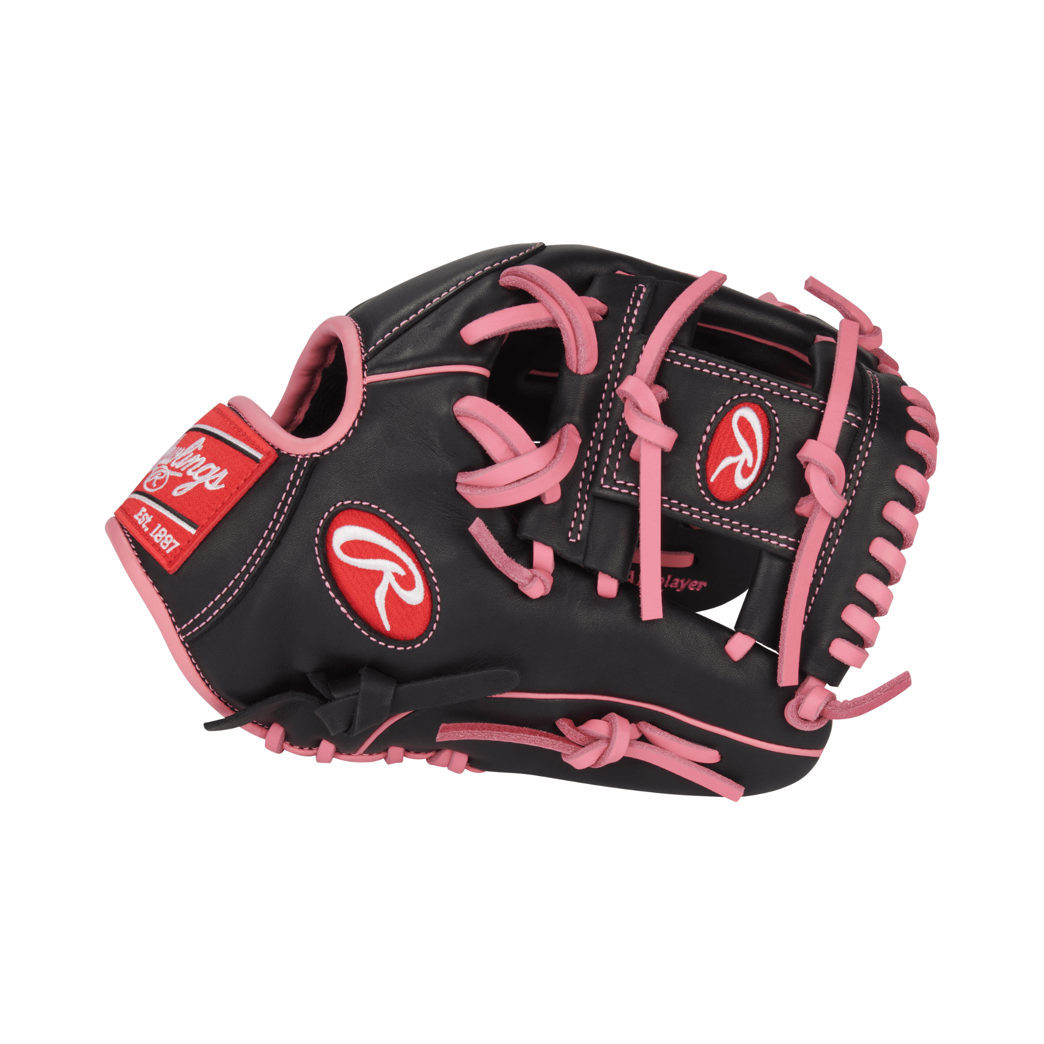 Close-up of thumb area on Rawlings R9 11.5" Black/Pink glove with Rawlings logo and reinforced stitching
