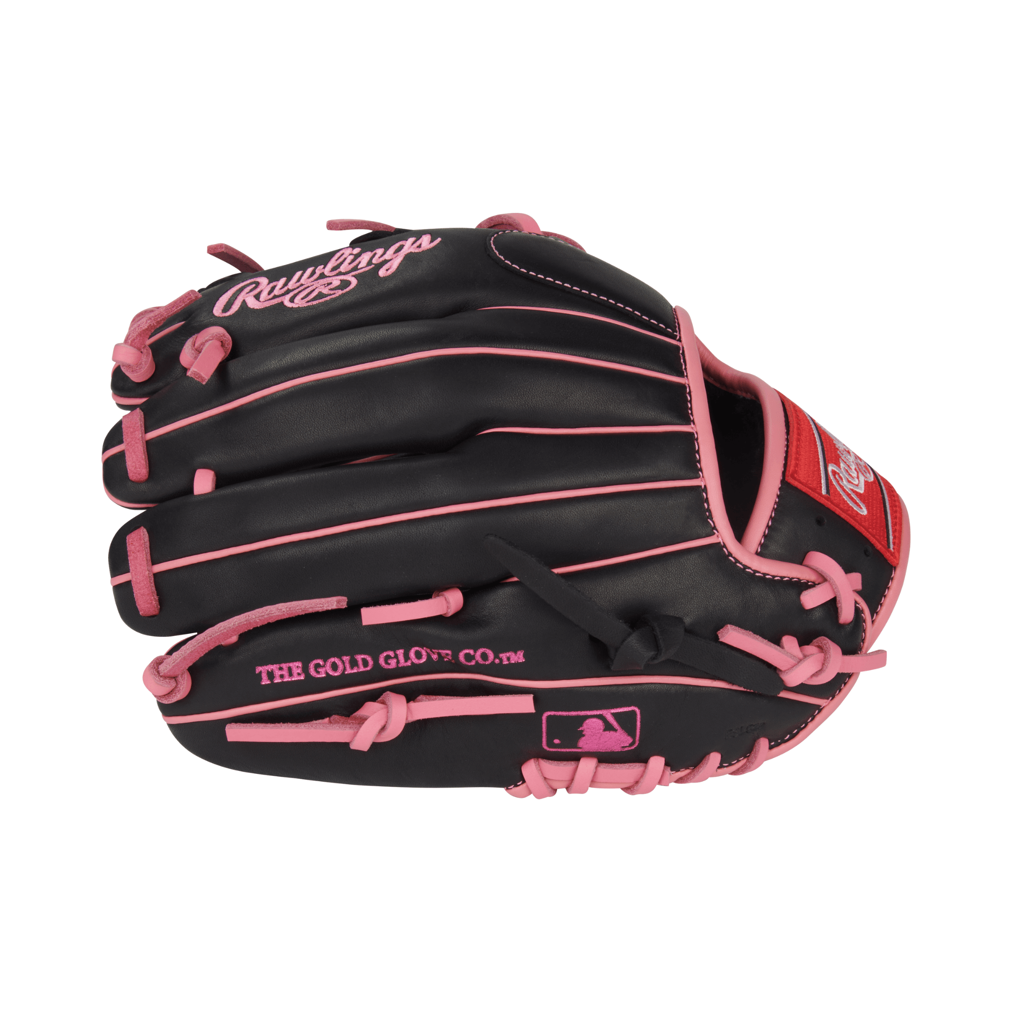 Close-up of finger stalls on Rawlings R9 11.5" Black/Pink infield glove with Pro I™ web for quick fielding transitions