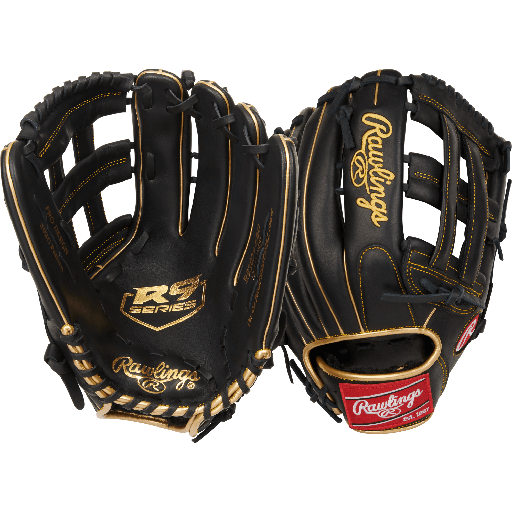 Rawlings R9 Series 12.75 Outfield Glove with padded lining and Pro H-web design for comfort and protection.