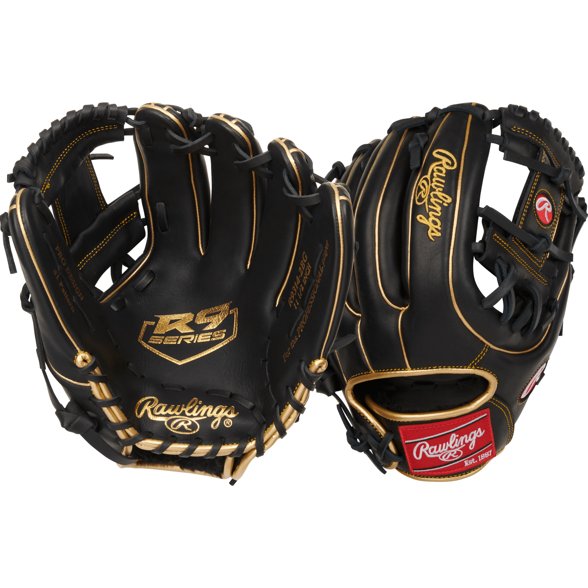 Rawlings R9 Series 11.5-inch infield glove with curved fingers and deep pocket for middle infielders.