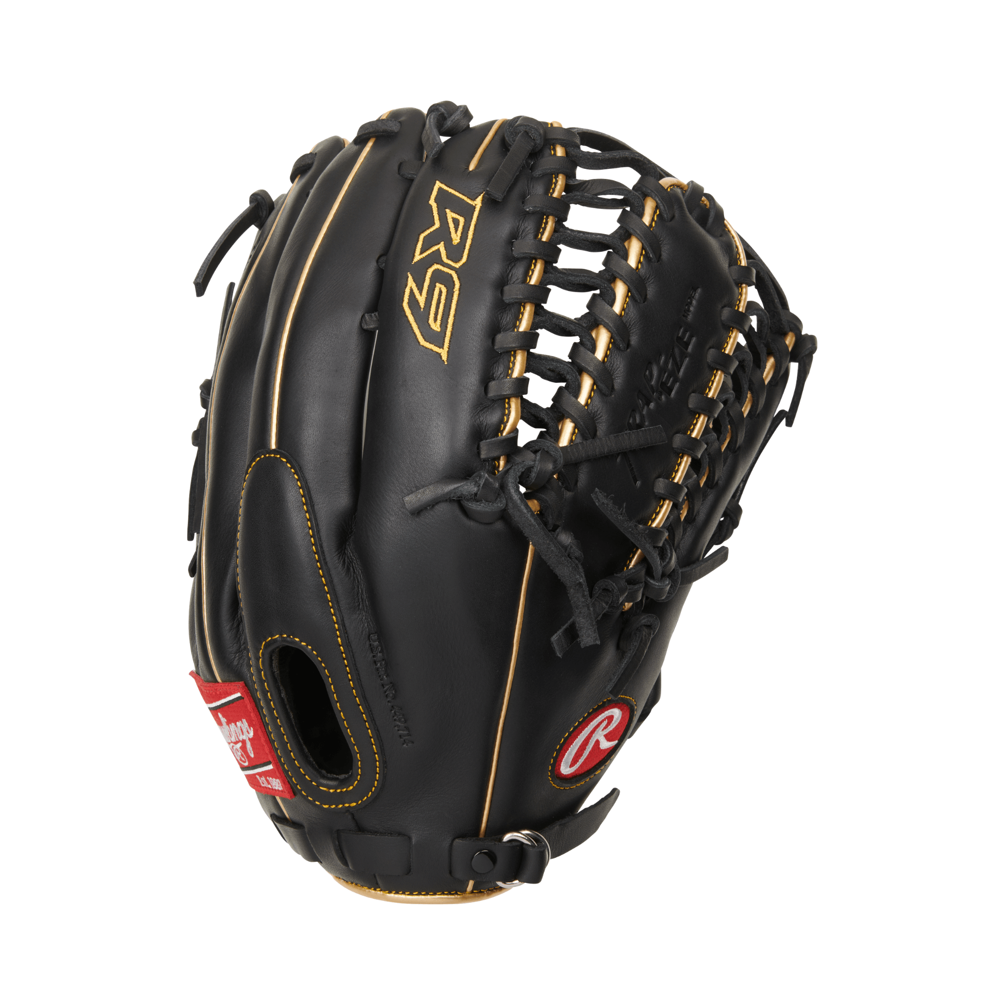 Rawlings R9 Series 12.75-inch outfield glove, black and gold, Fastback, Trap-Eze web, RHT, padded liners.