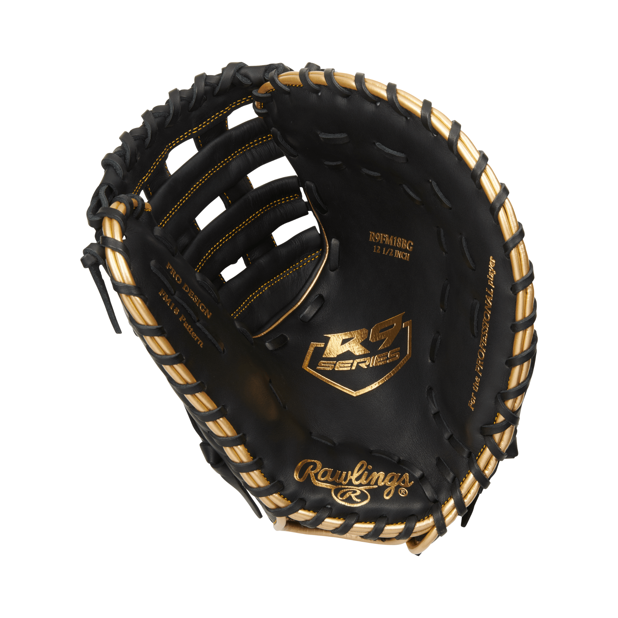 Rawlings R9 First Base Mitt, Black and Gold, 12.5-inch size, soft durable leather