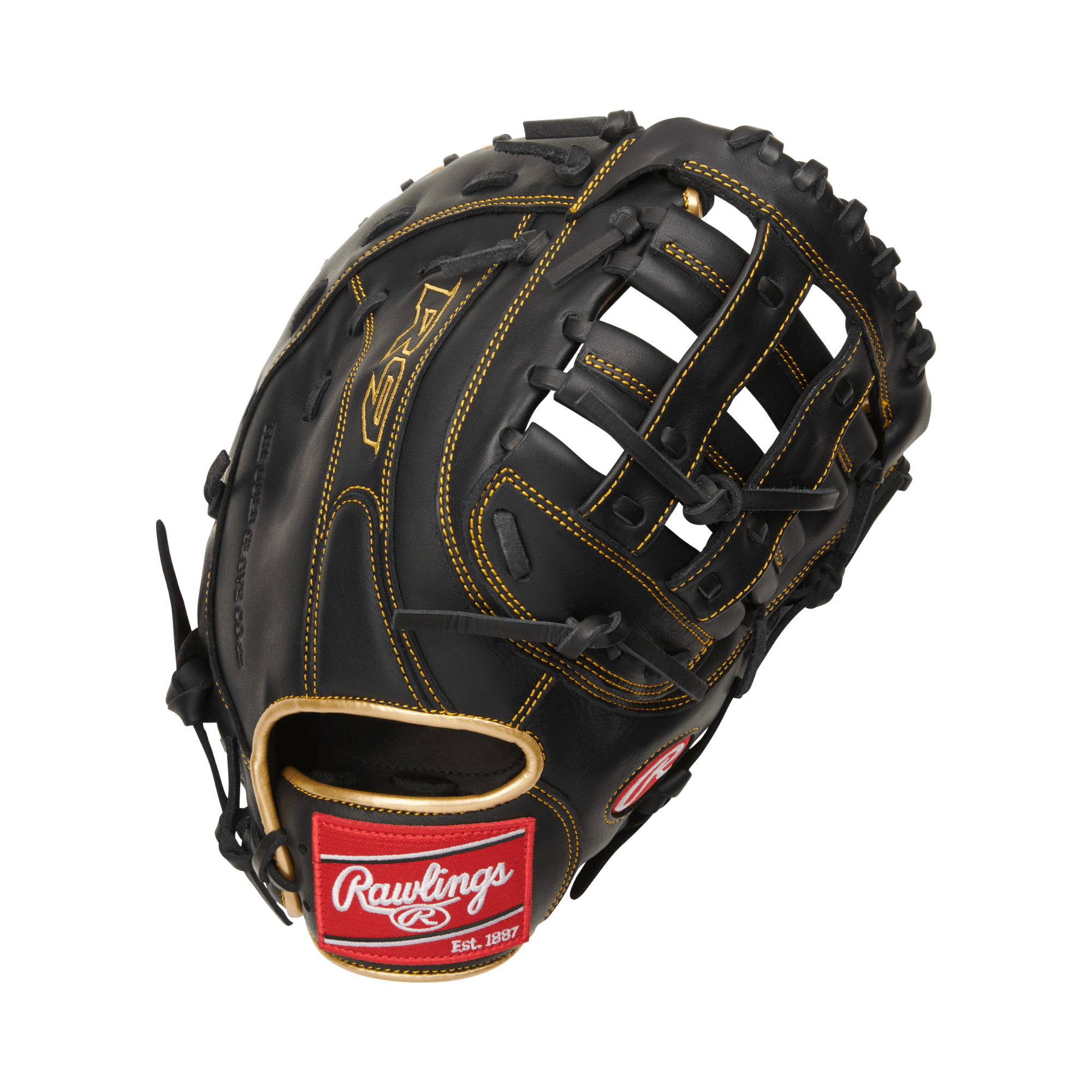 Rawlings R9 First Base Mitt, Black and Gold, 12.5-inch size, soft durable leather