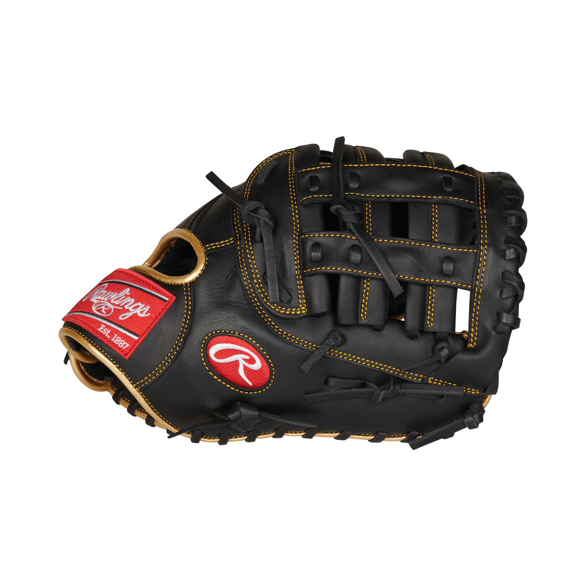 Rawlings R9 First Base Mitt, Black and Gold, 12.5-inch size, soft durable leather