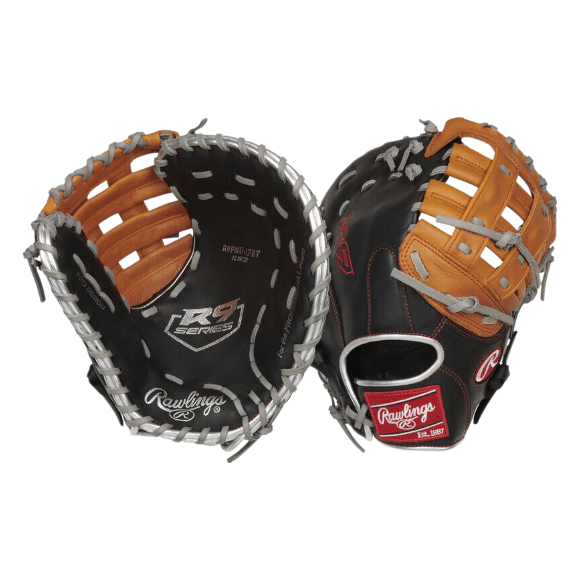 Rawlings R9 Contour Fit 1B Mitt, 12-inch, with soft leather shell, adjustable wrist, and pro H Web