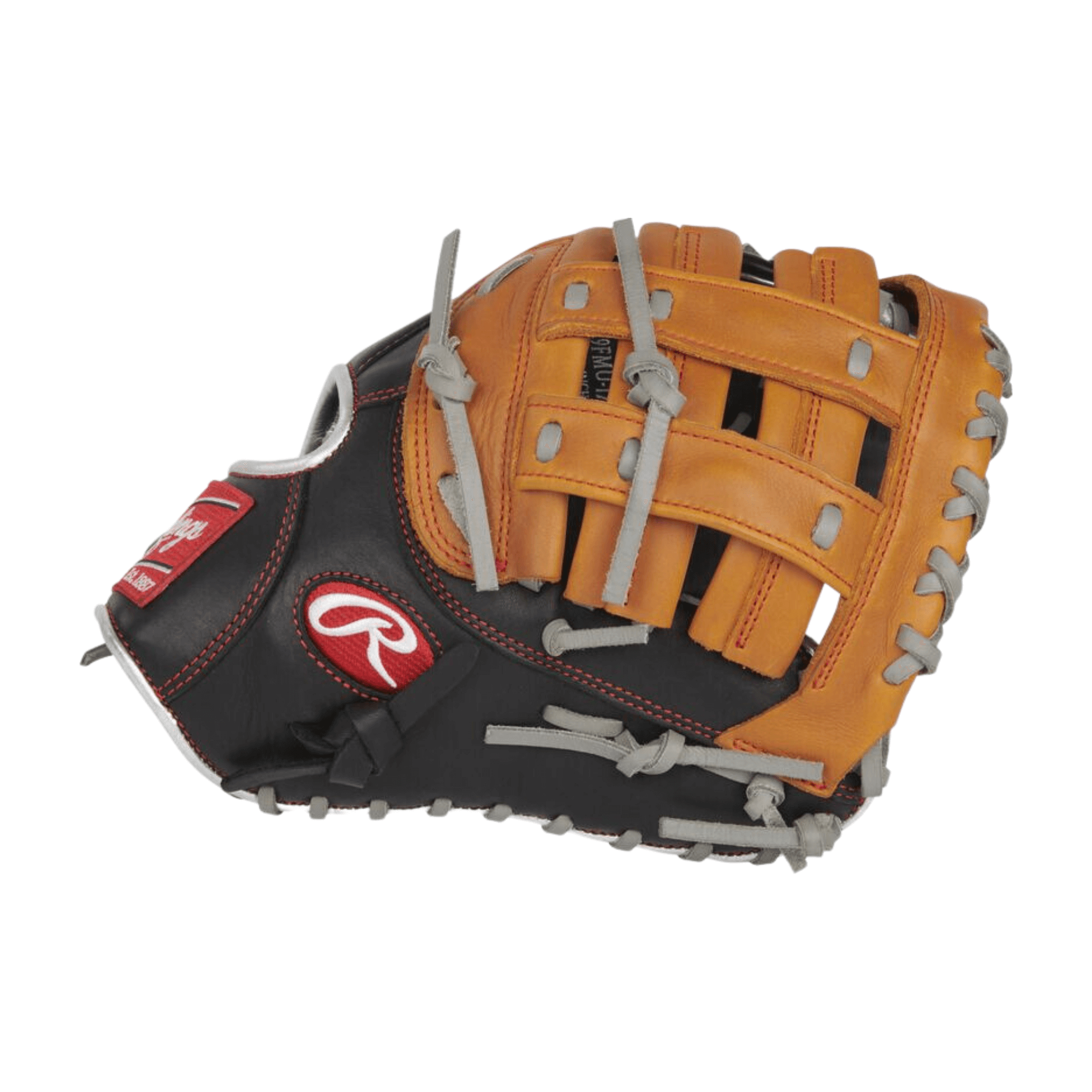Rawlings R9 Contour Fit 1B Mitt, 12-inch, with soft leather shell, adjustable wrist, and pro H Web