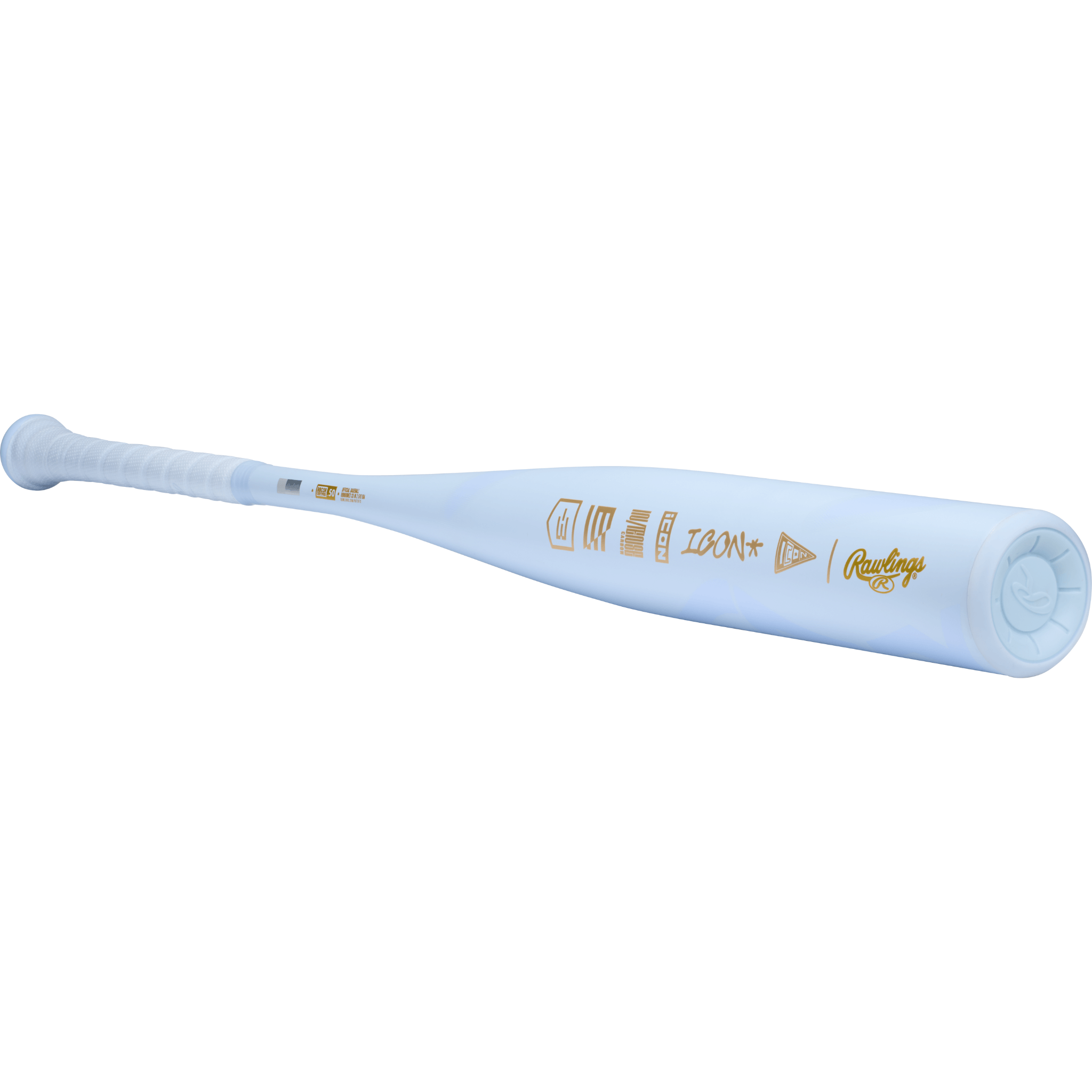 Rear side of barrel with Rawlings logo and composite texture in striking white-and-gold finish