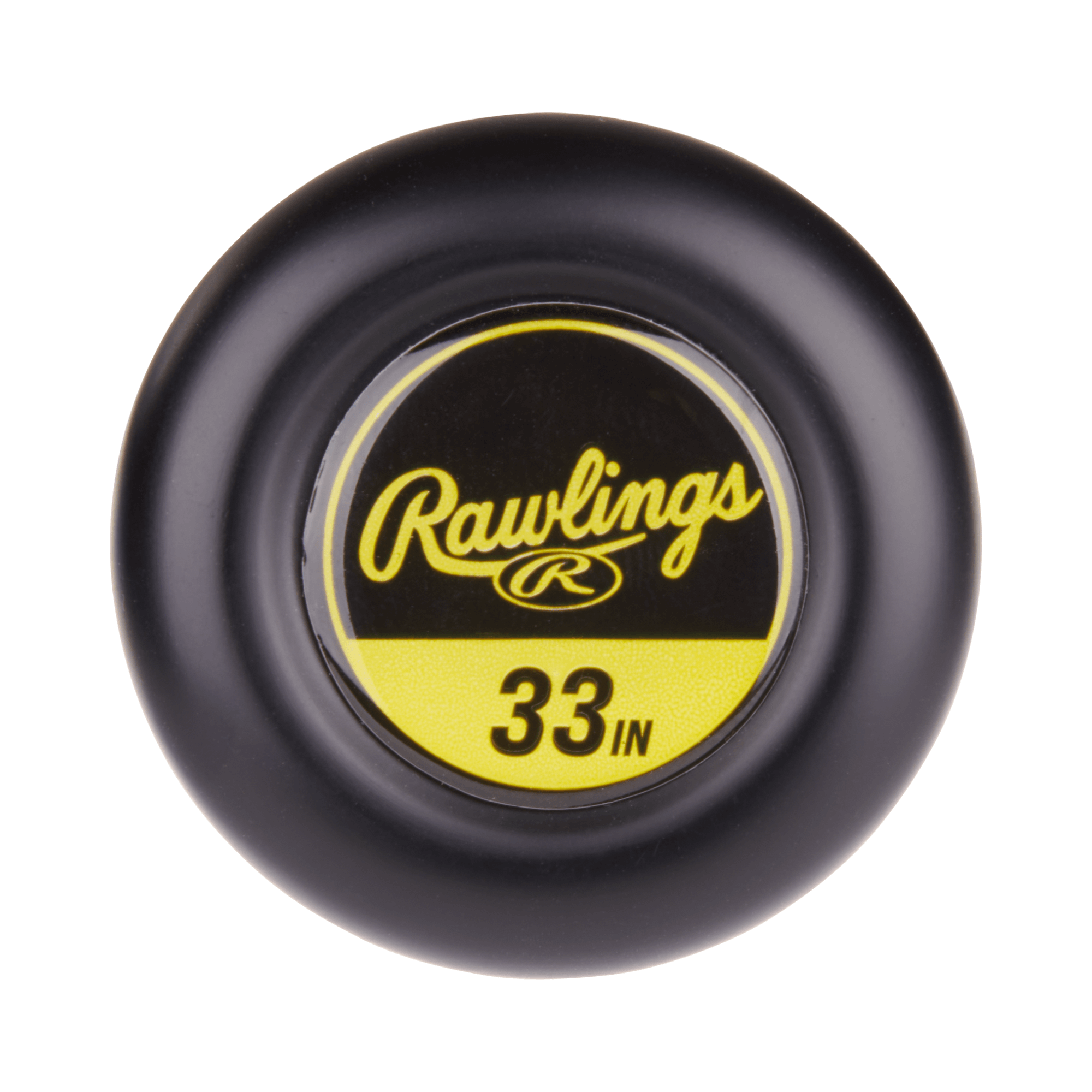 Rawlings 33-inch bat knob featuring a sleek black design with a yellow label for maximum performance.
