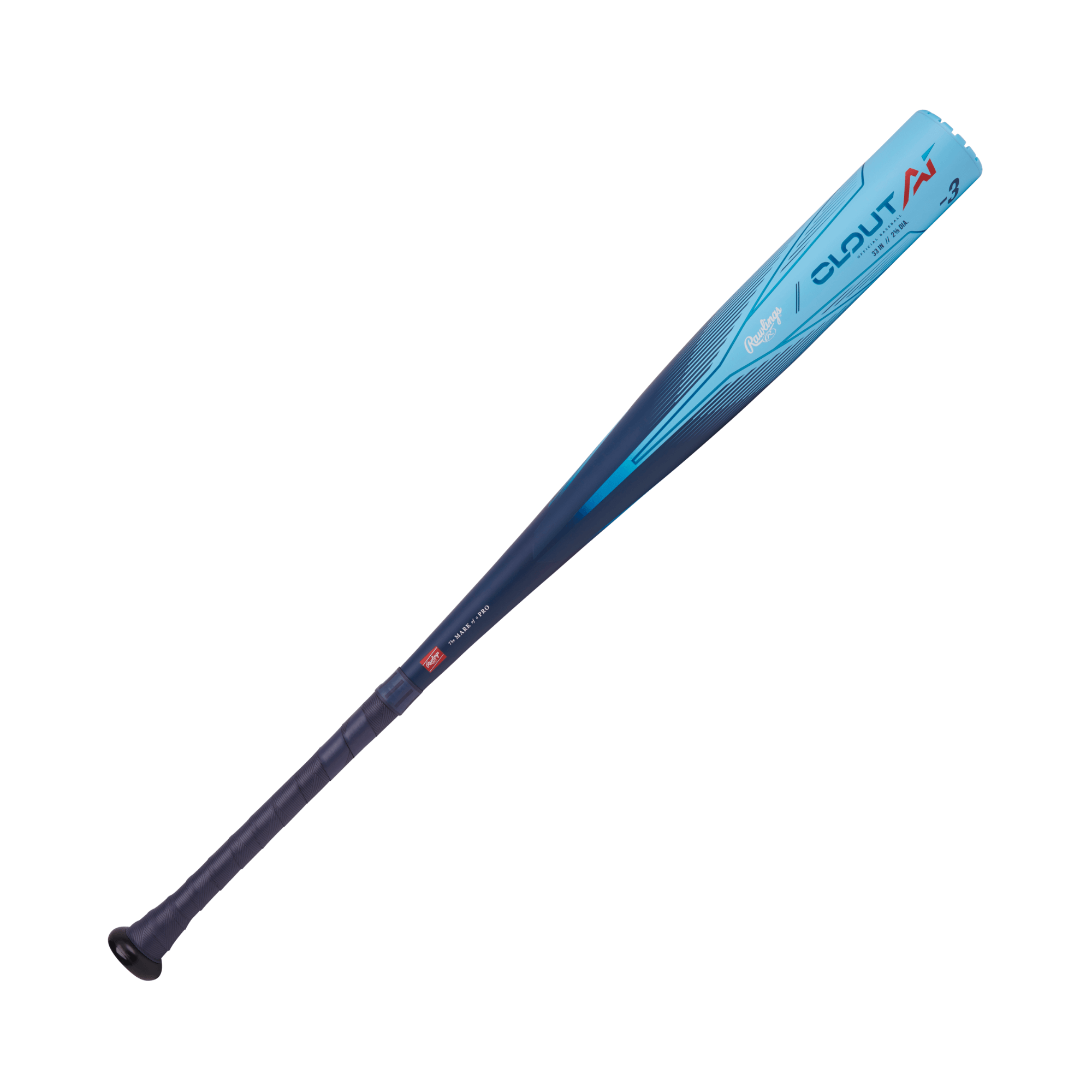 Rawlings 2024 Clout AI -3 BBCOR baseball bat with 2 5/8" barrel, featuring a sleek blue design and advanced AI technology.