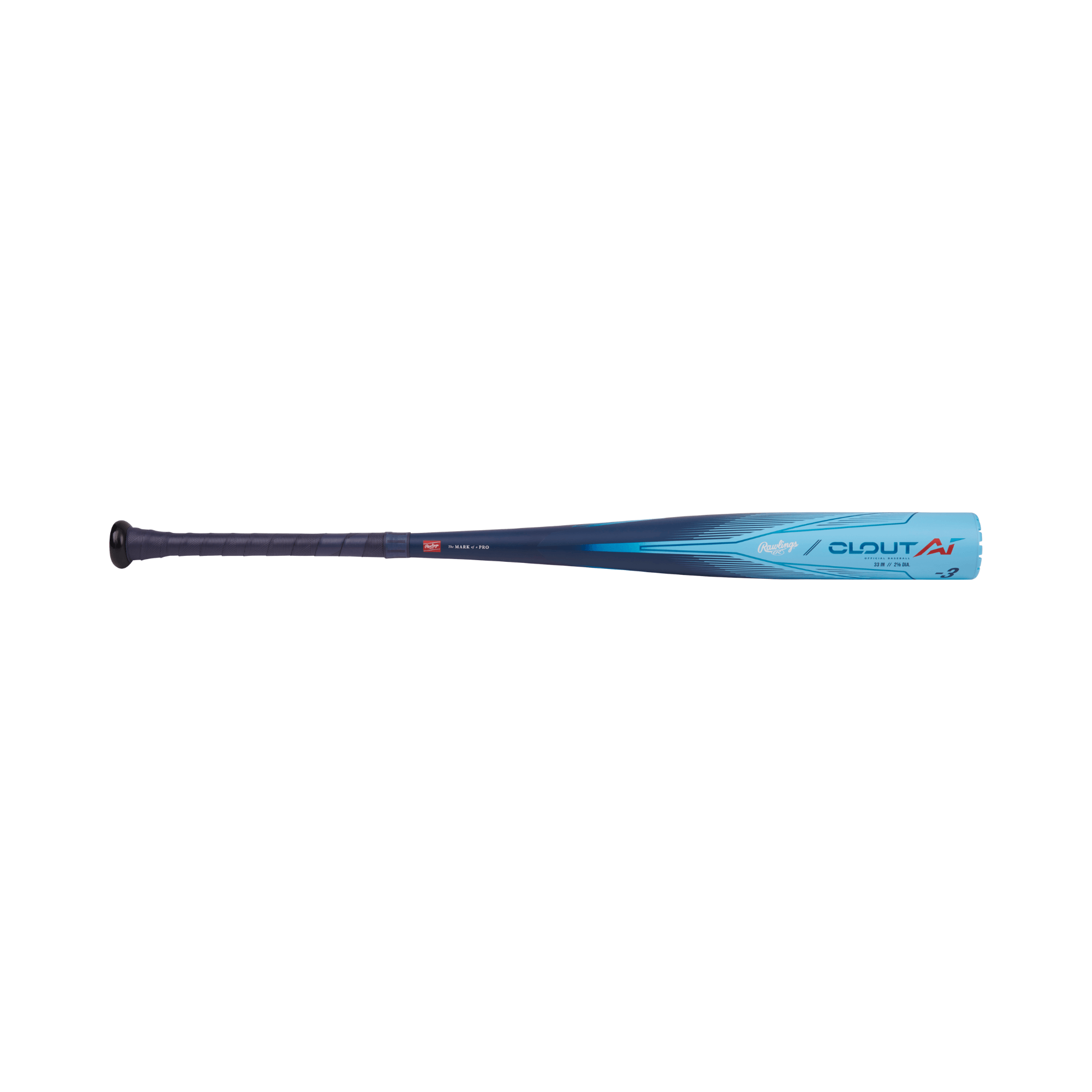 Rawlings 2024 Clout AI -3 BBCOR baseball bat with a 2 5/8" barrel in blue and black design.