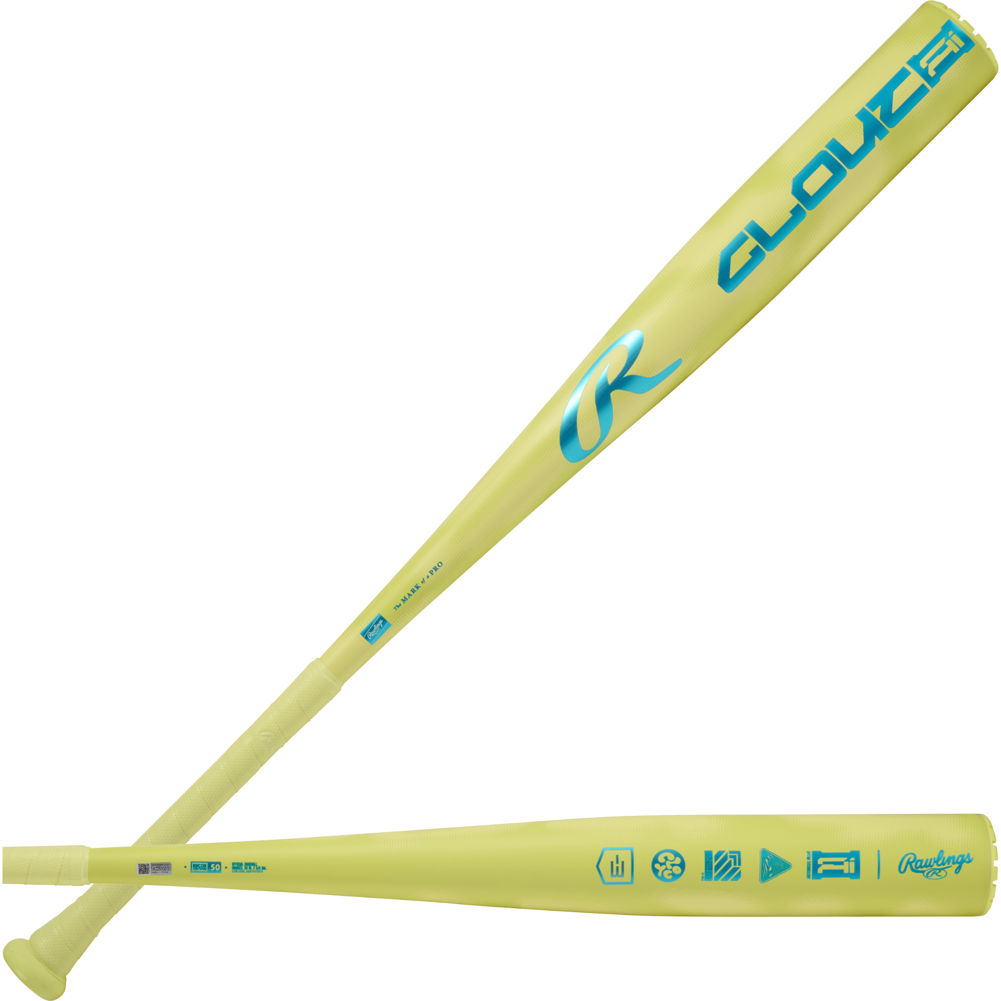 Front and back view of 2026 Rawlings Clout AI -3 BBCOR Bat in bold yellow with one-piece Red Alloy+ construction