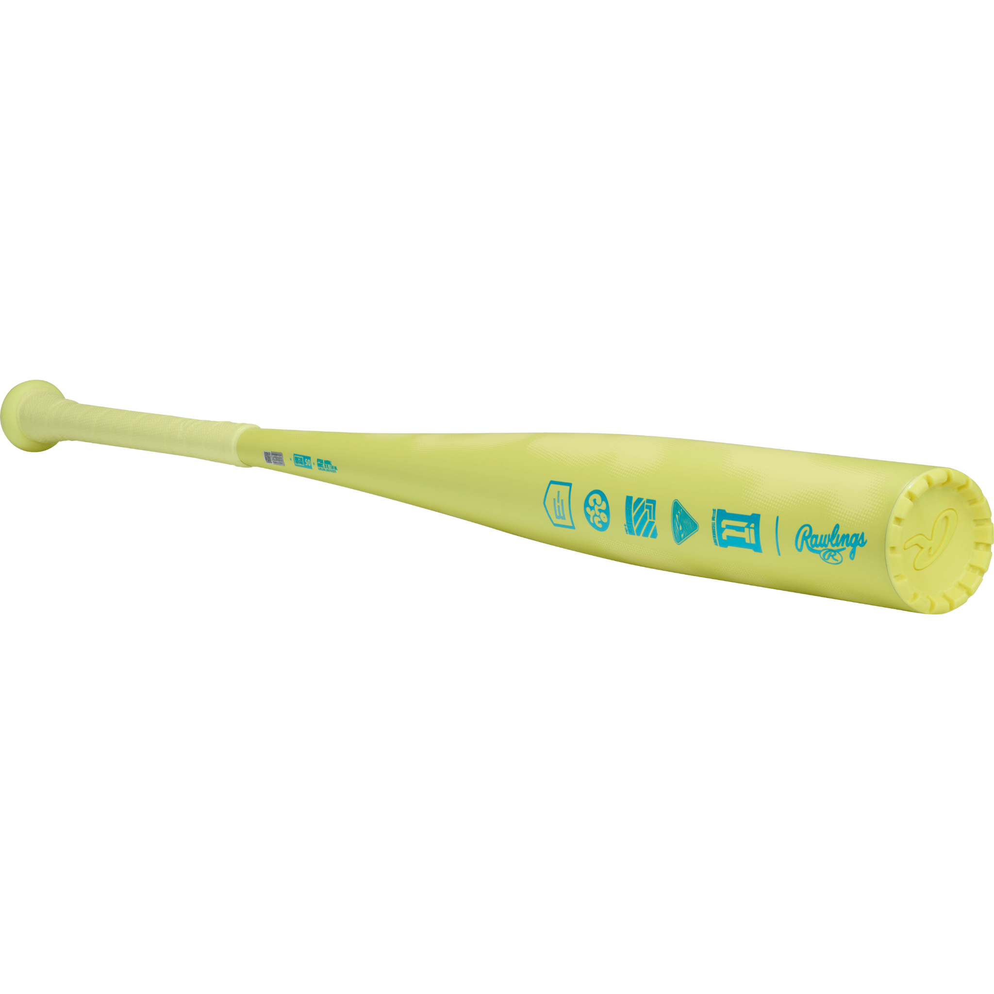 Back of barrel showing Rawlings branding, bold yellow design, and extended hitting surface