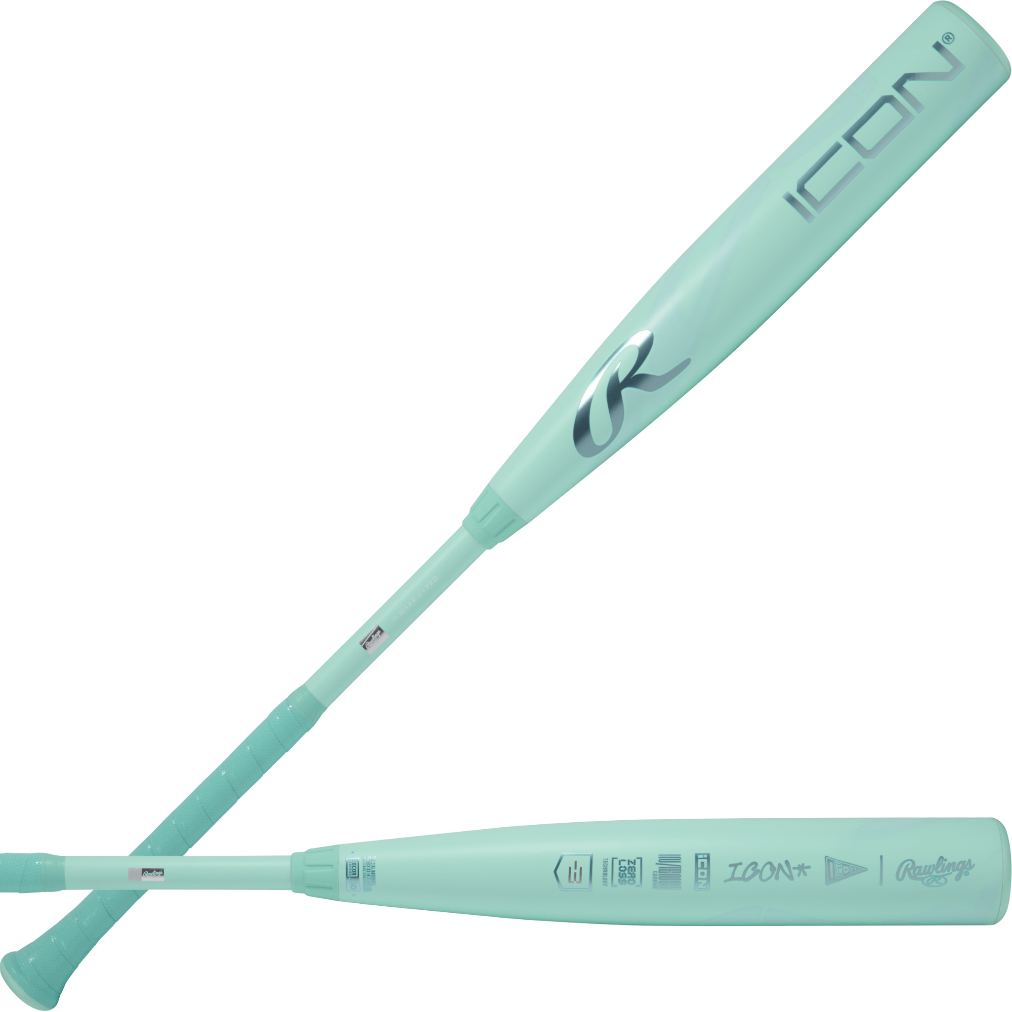 2026 Rawlings Icon BBCOR Bat in cool mint color shown front and back, featuring 2-piece composite design and modern graphics