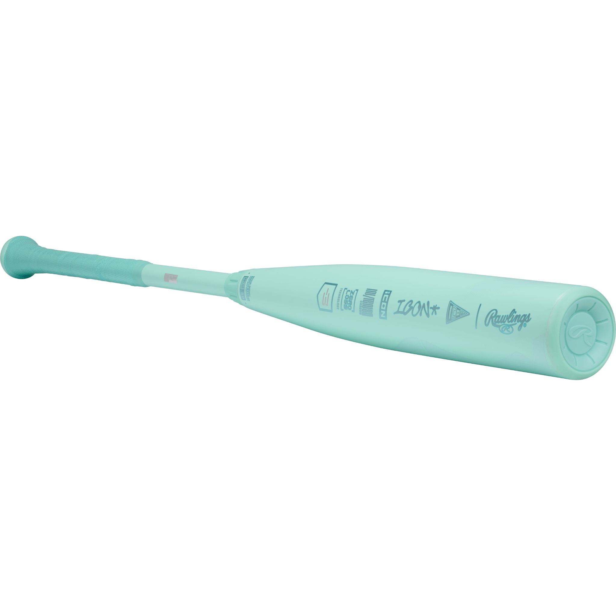Rear side of 2026 Icon BBCOR barrel displaying branding, mint colorway, and composite texture