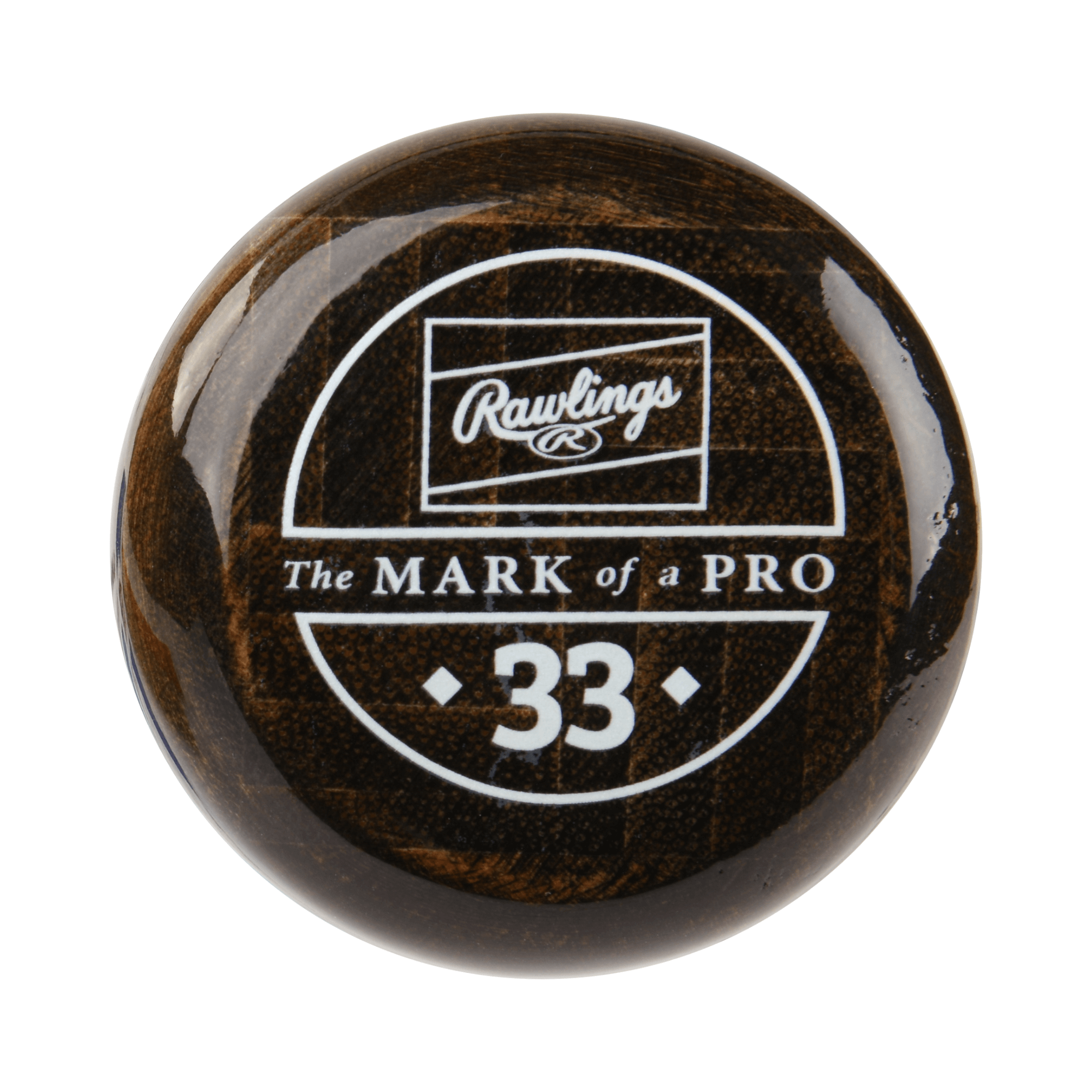 Rawlings logo with "The Mark of a Pro" and number 33 on a round wood bat knob.