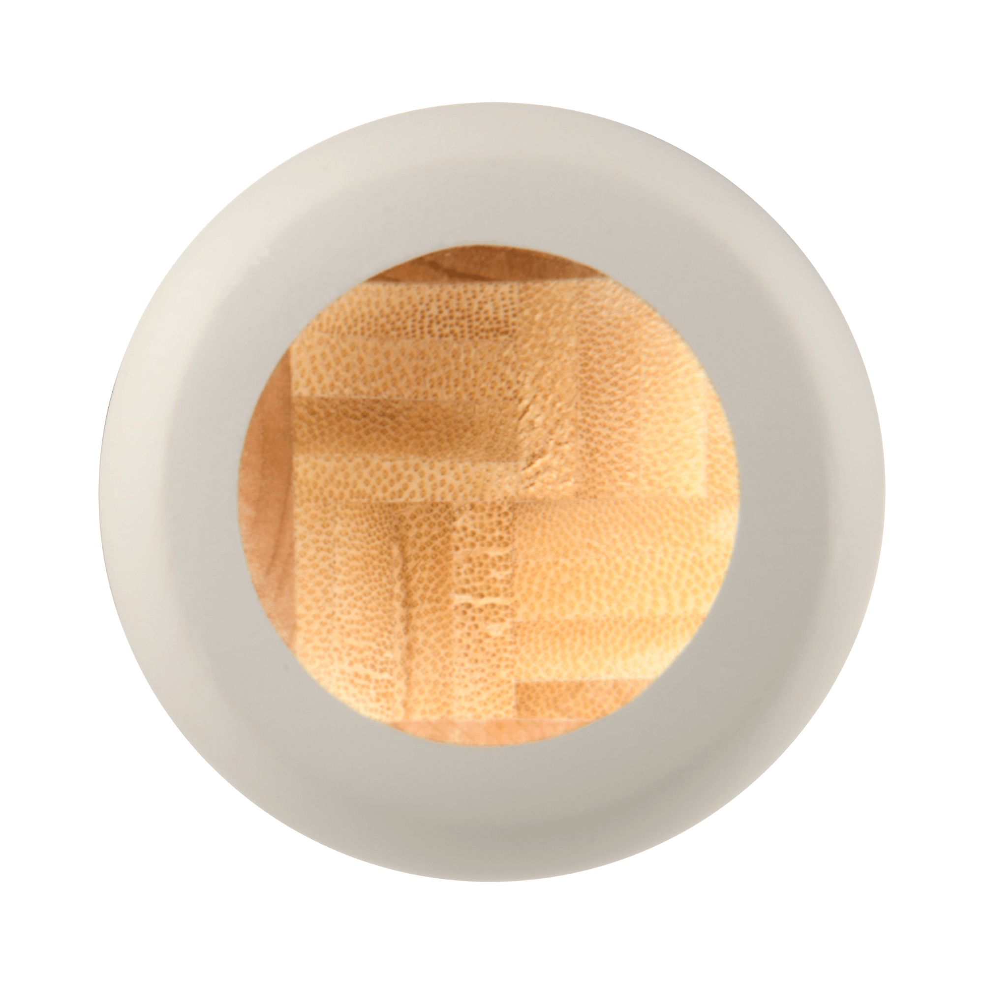 Close-up of a round wooden surface with a light color and textured pattern, highlighted by a white circular frame.