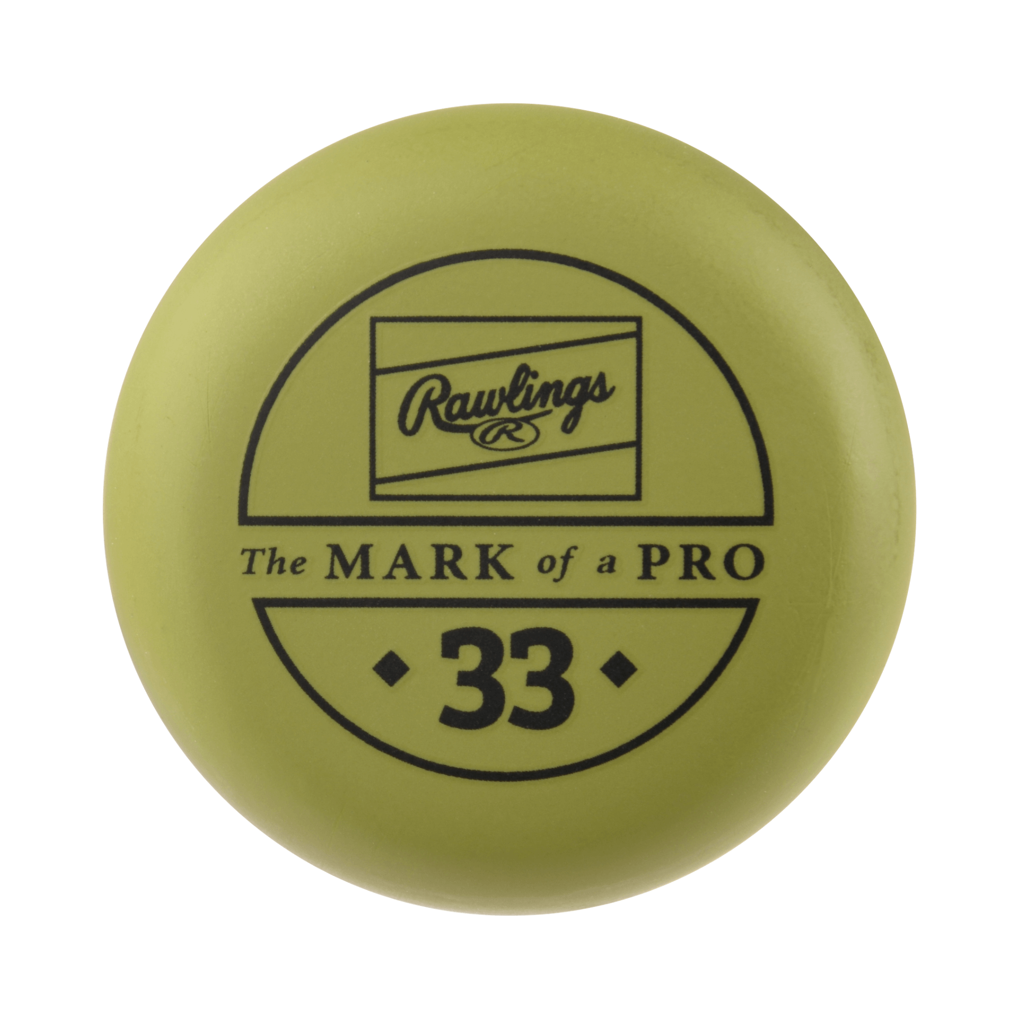 Rawlings training ball with "The Mark of a Pro" logo and number 33, designed for practice and skill development.