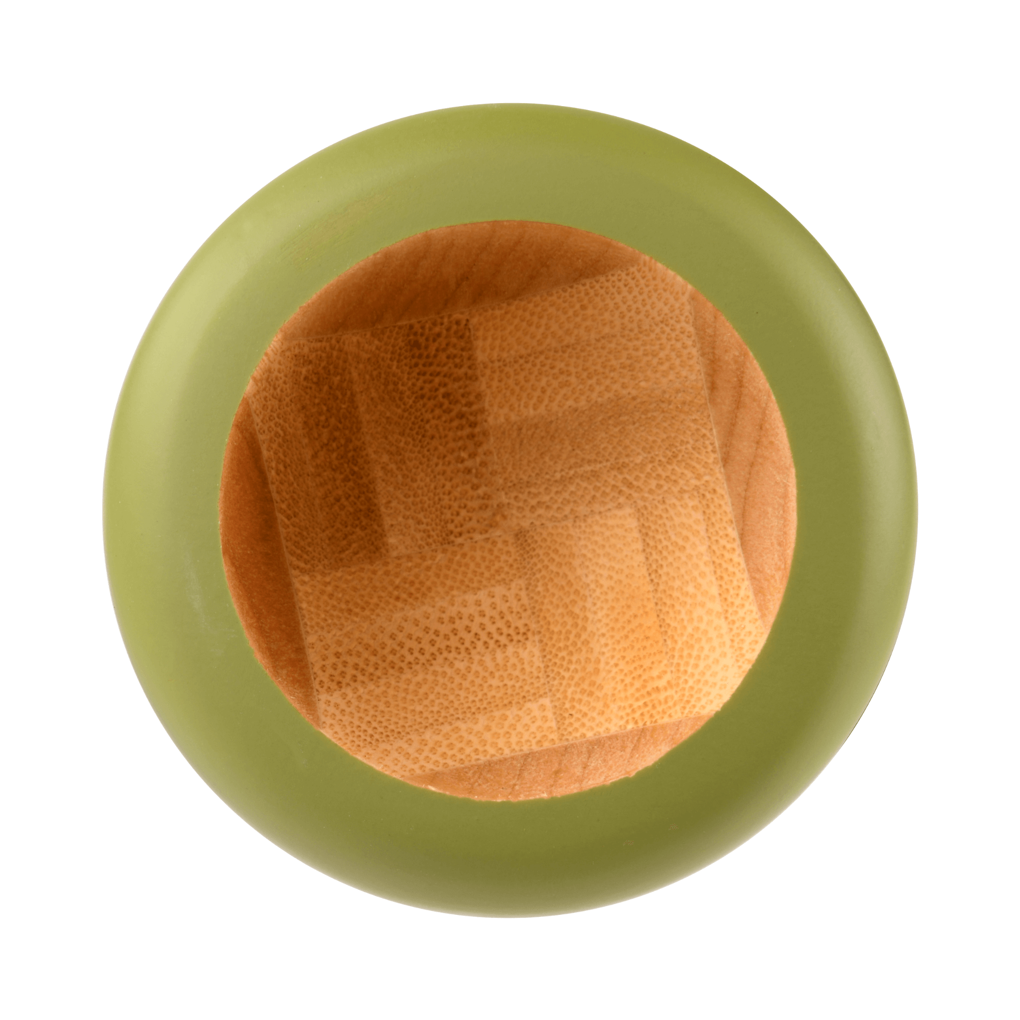 Top view of a round green bowl with a textured wooden interior, showcasing a modern design.