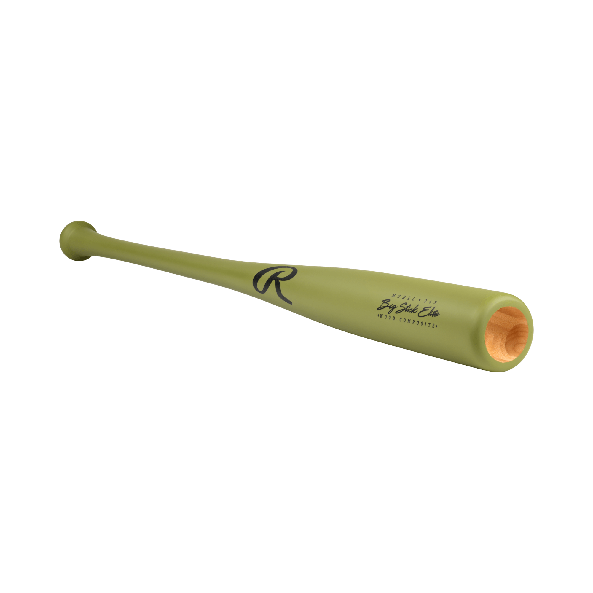 Rawlings Big Stick Elite 243 maple-bamboo composite wood bat in green, showcasing its craftsmanship and performance.
