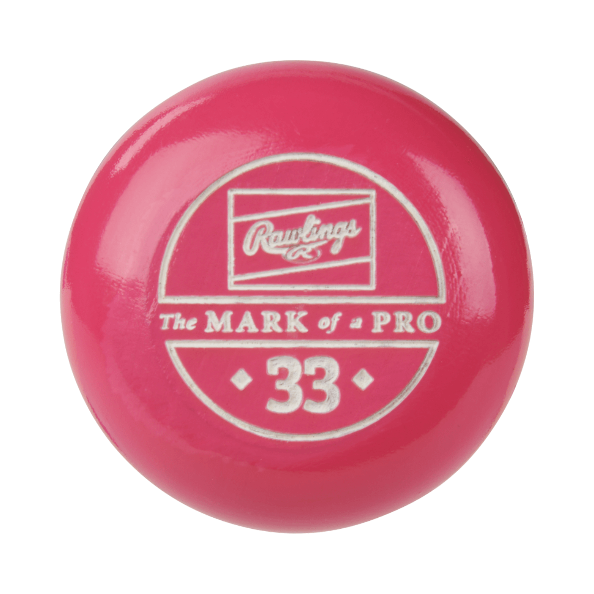 Rawlings pink baseball with 'The MARK of a PRO' design and number 33, showcasing quality craftsmanship.