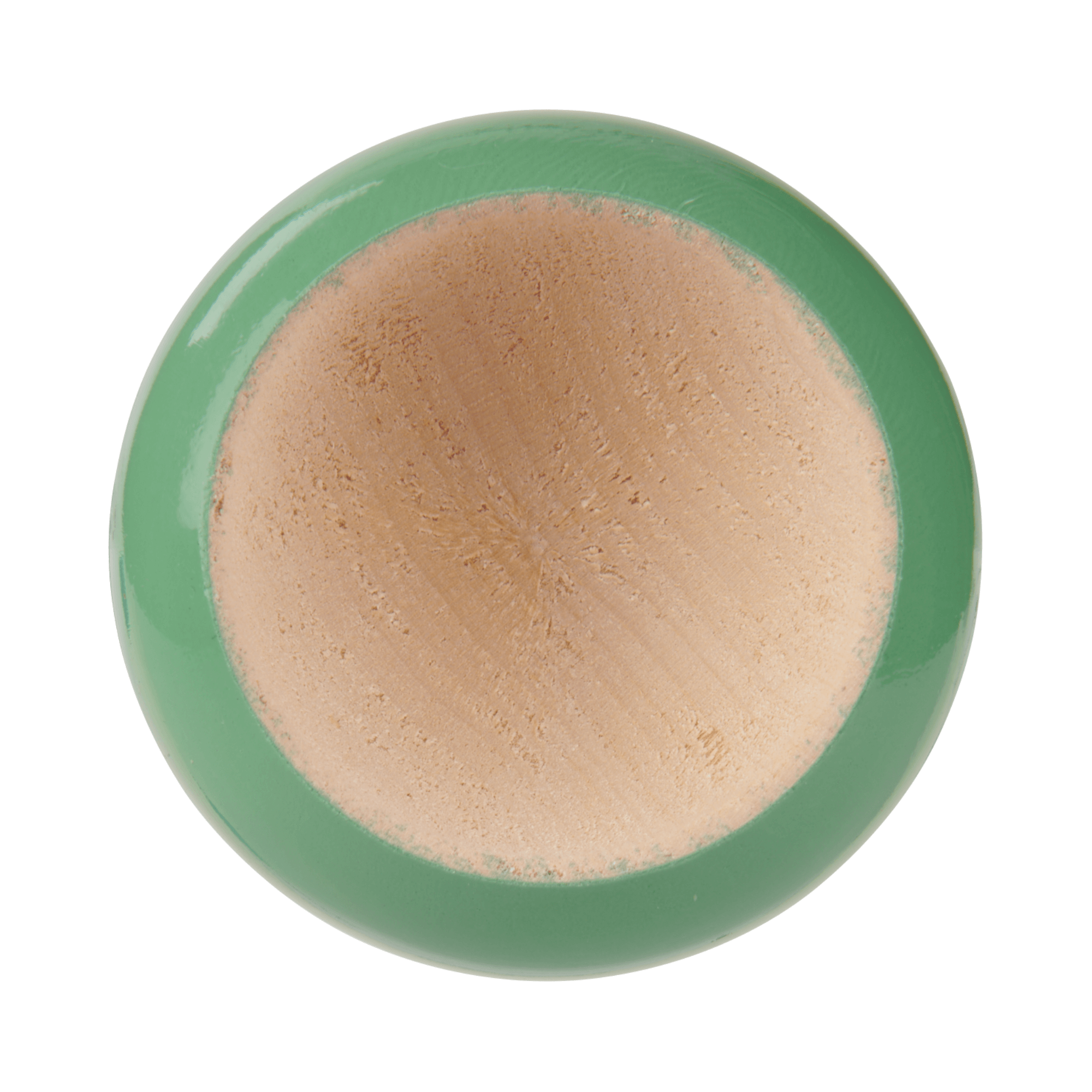 Top view of a green baseball bat knob showing a smooth wood finish and lightweight design for optimal batting performance.