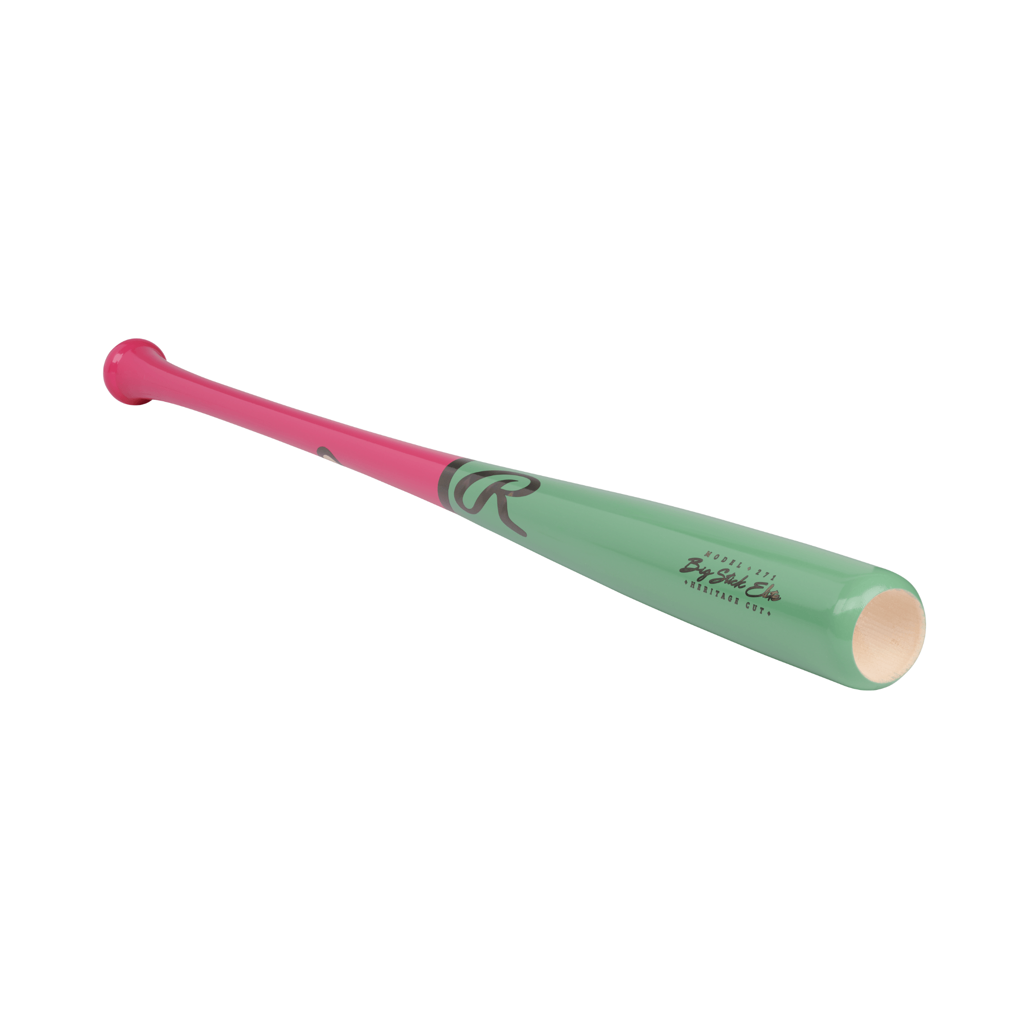 Rawlings Big Stick Elite 271 Maple Wood Bat in pink and green, showcasing its premium handcrafted design for optimal performance.