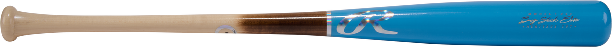 Rawlings Big Stick Elite R243 Maple Wood Bat, showing the detailed craftsmanship and blue finish of this premium baseball bat.
