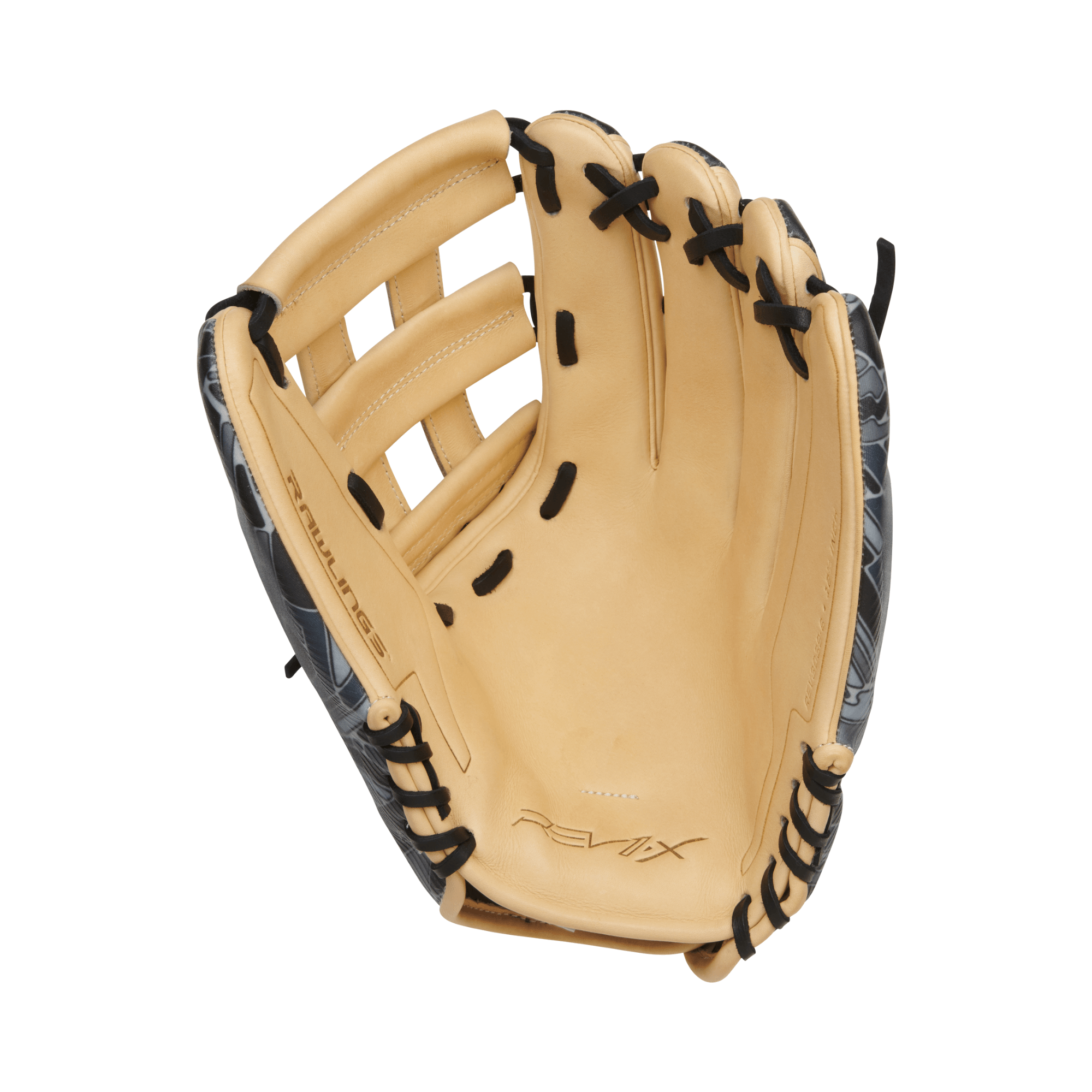 Rawlings REV1X 12.75 outfield glove with HOH leather, 3D-printed lattice structure, and lace-less H-web design.