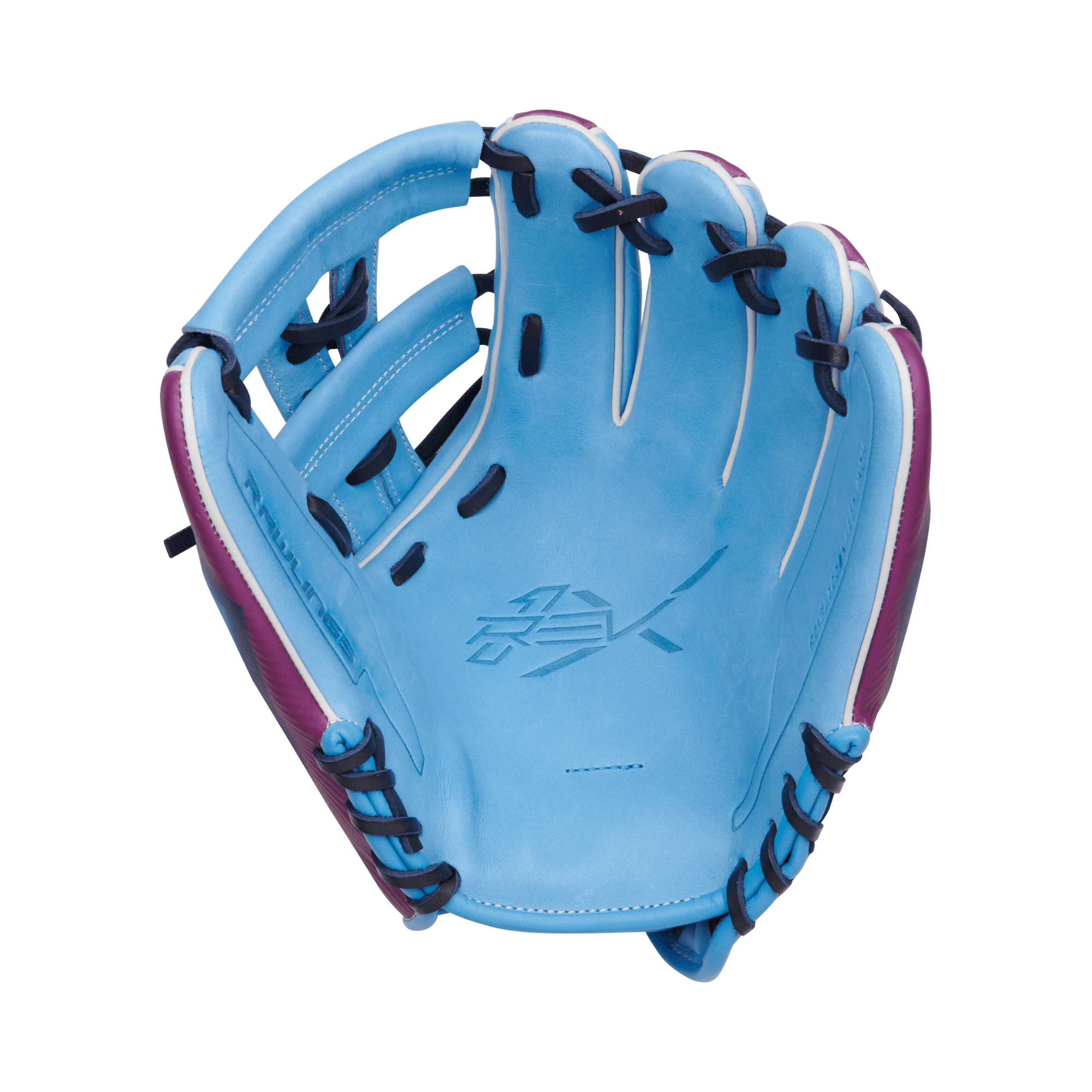 Francisco Lindor REV1X 11.75" infield glove in Columbia blue and navy, featuring a unique futuristic design.