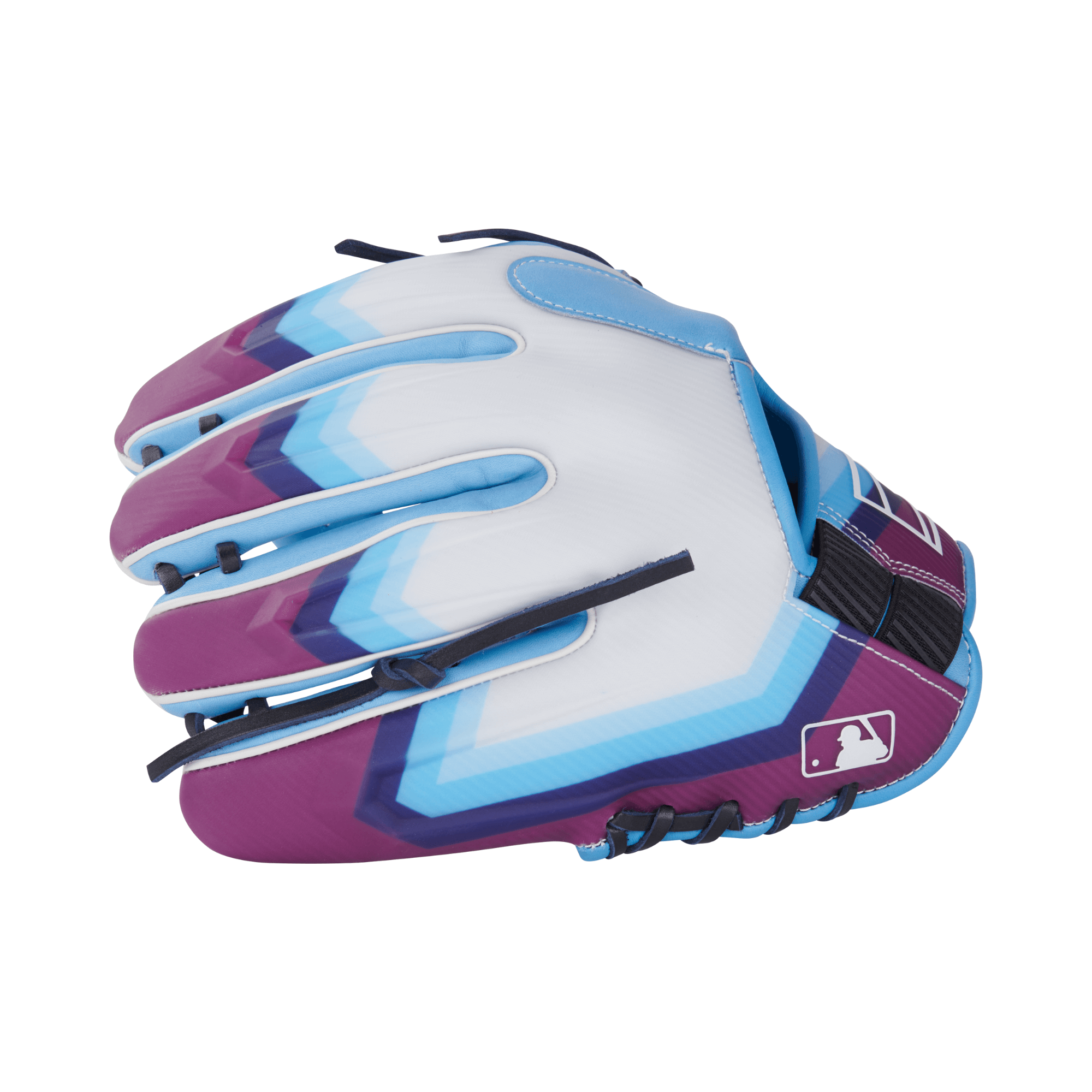 Francisco Lindor REV1X 11.75-inch infield glove in Columbia and Navy with vibrant futuristic design.