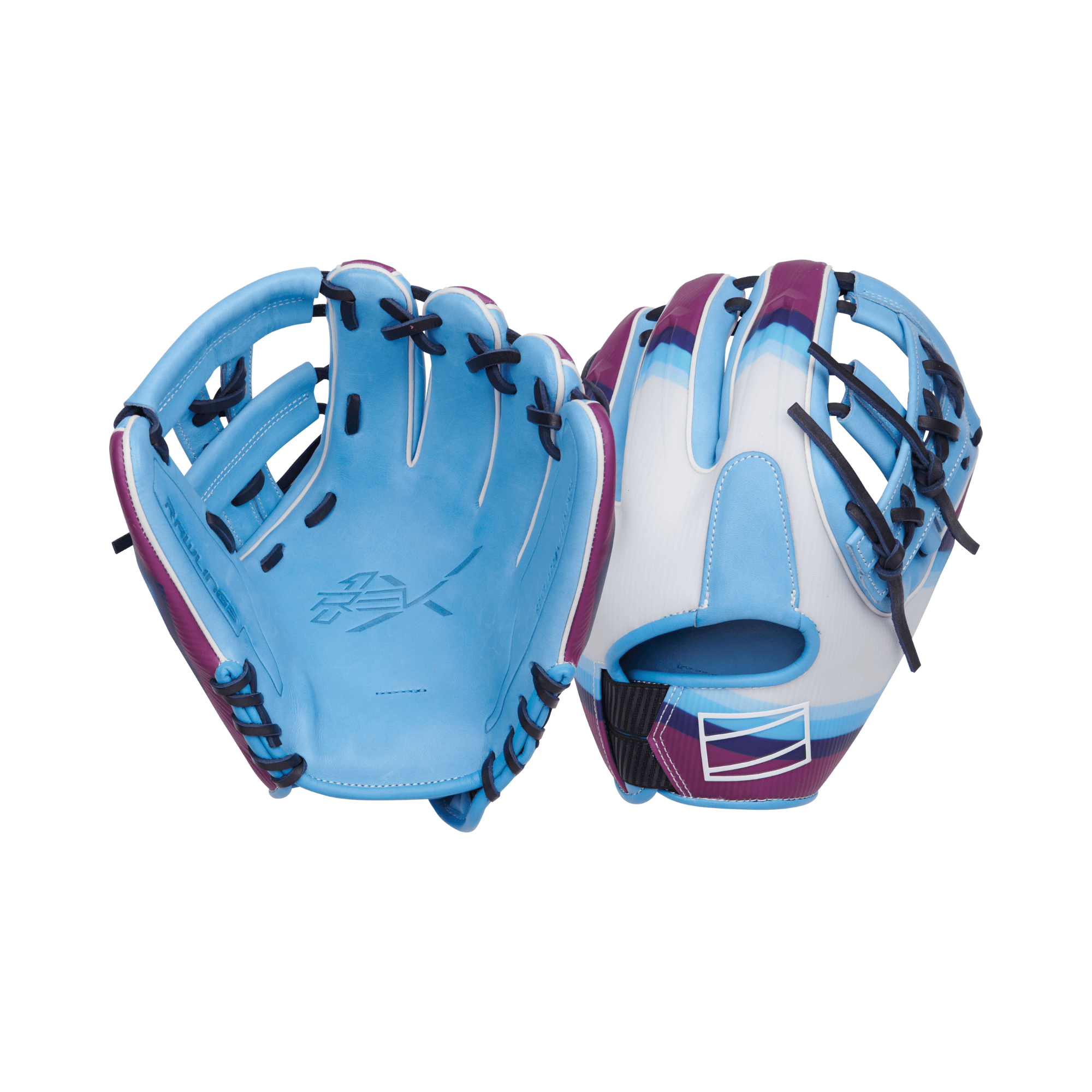 Rawlings REV1X Francisco Lindor Gameday infield glove, 11.75 inches, Columbia blue and navy, unique design, collectible.