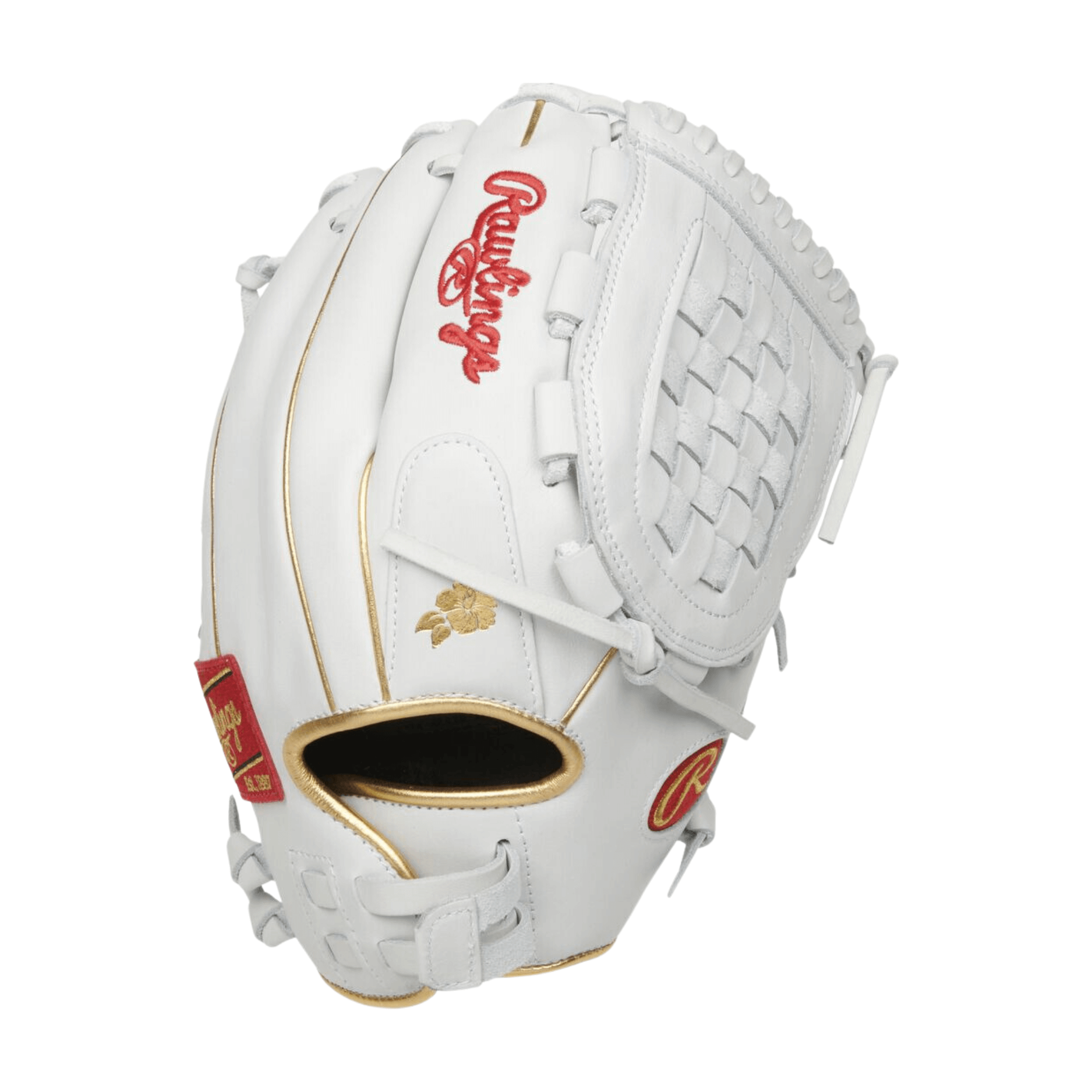 Rawlings Liberty Advanced 12.5-inch softball glove, white with gold accents, tailored for female athletes