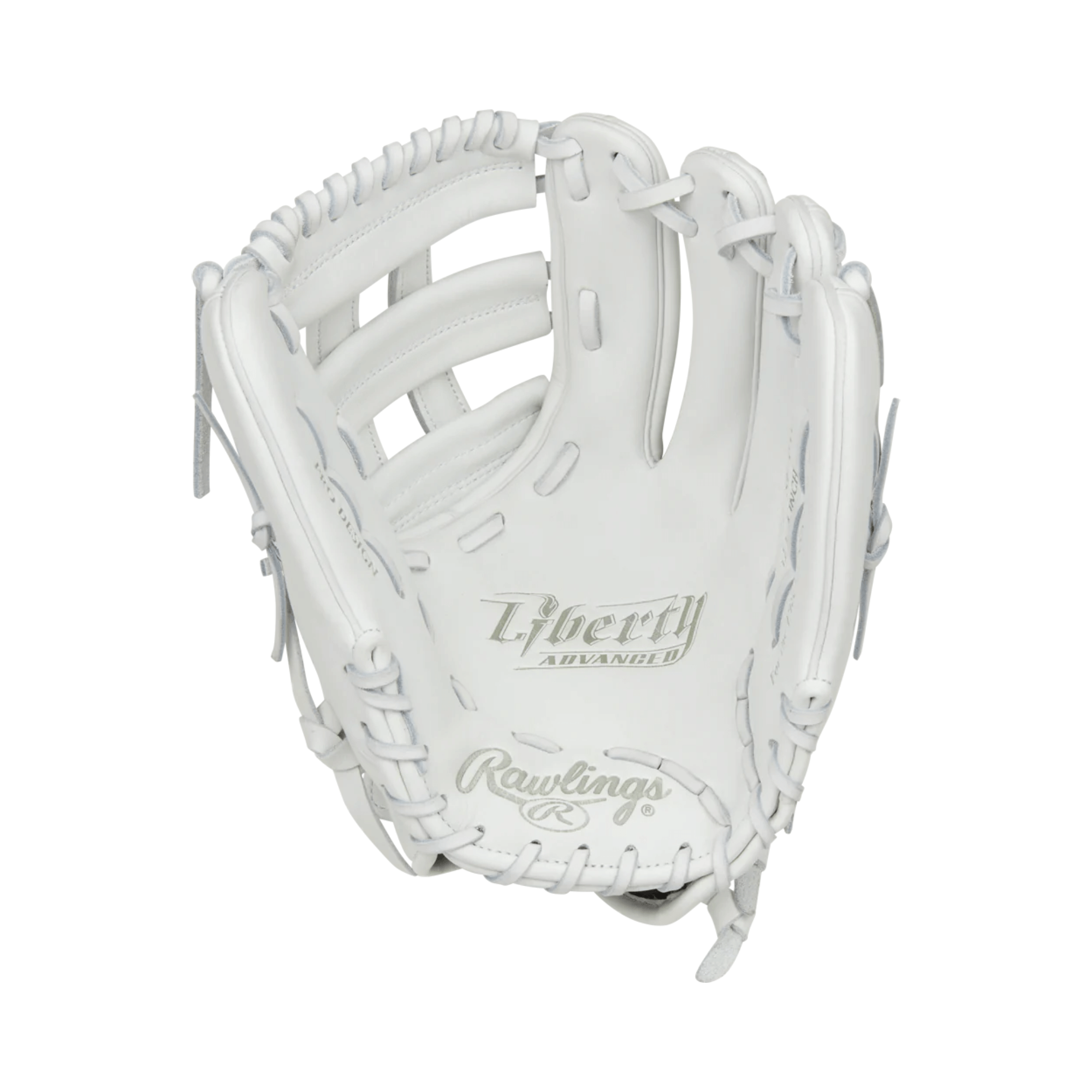 Rawlings Liberty Advanced 12.25" softball glove in white, crafted from full-grain leather for durability and comfort.
