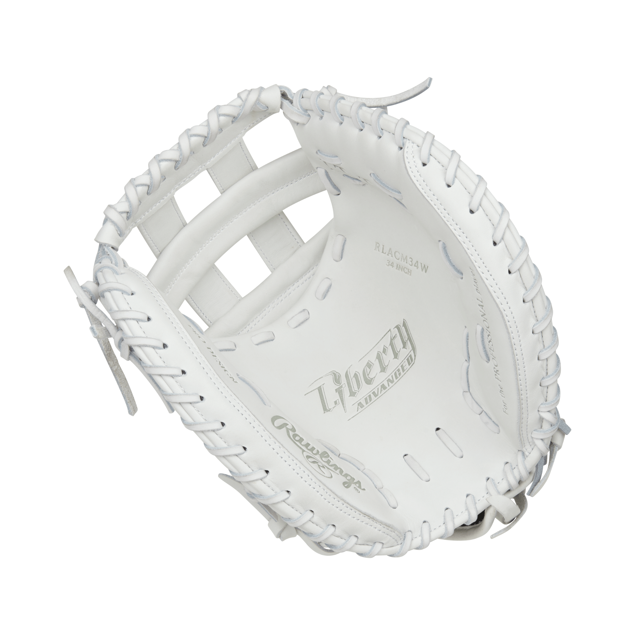 Rawlings Liberty Advanced 34" softball catcher's mitt in white, designed for female athletes, offering quality and comfort.