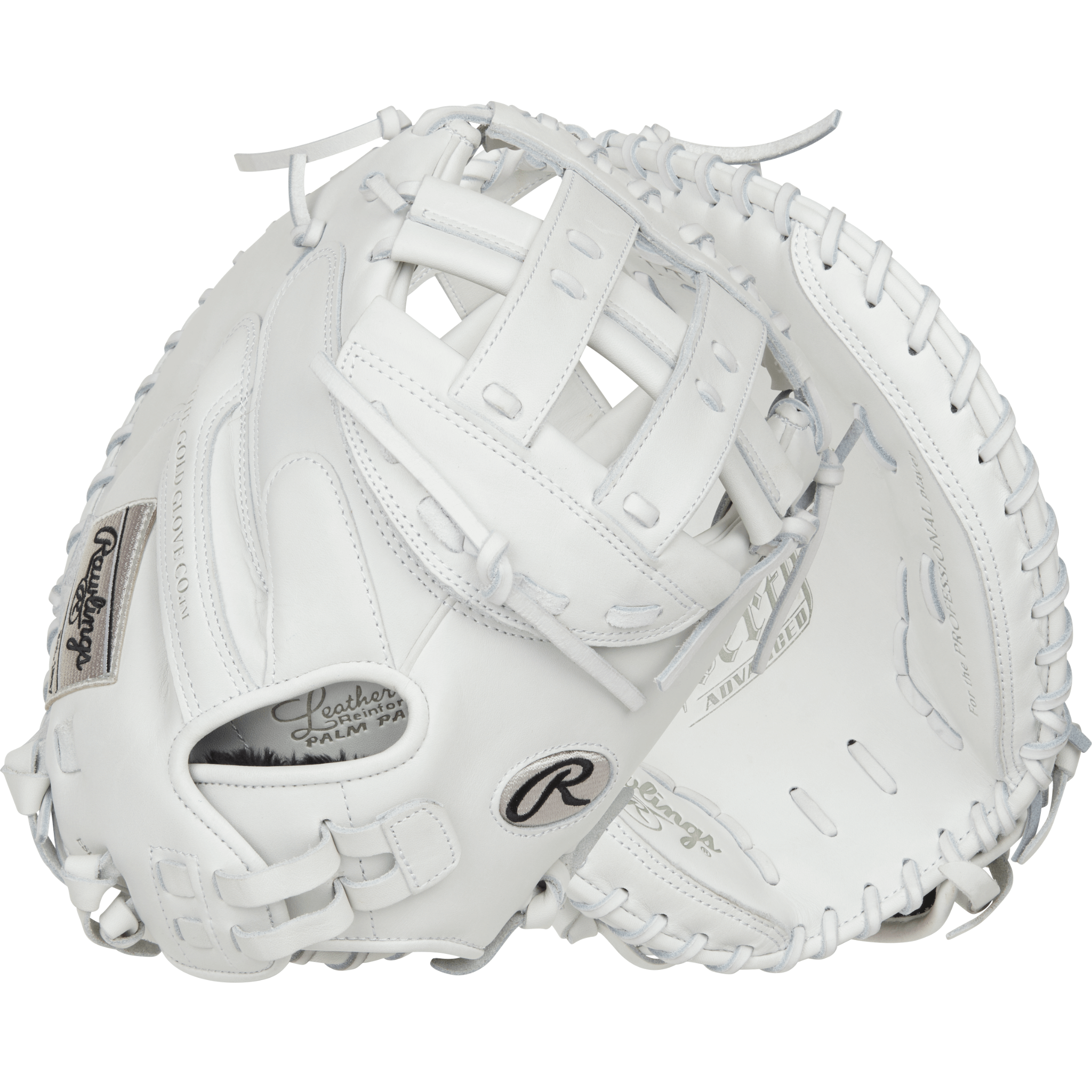 Rawlings Liberty Advanced 34" Softball Catcher's Mitt in white leather, designed for female athletes with improved control and comfort.