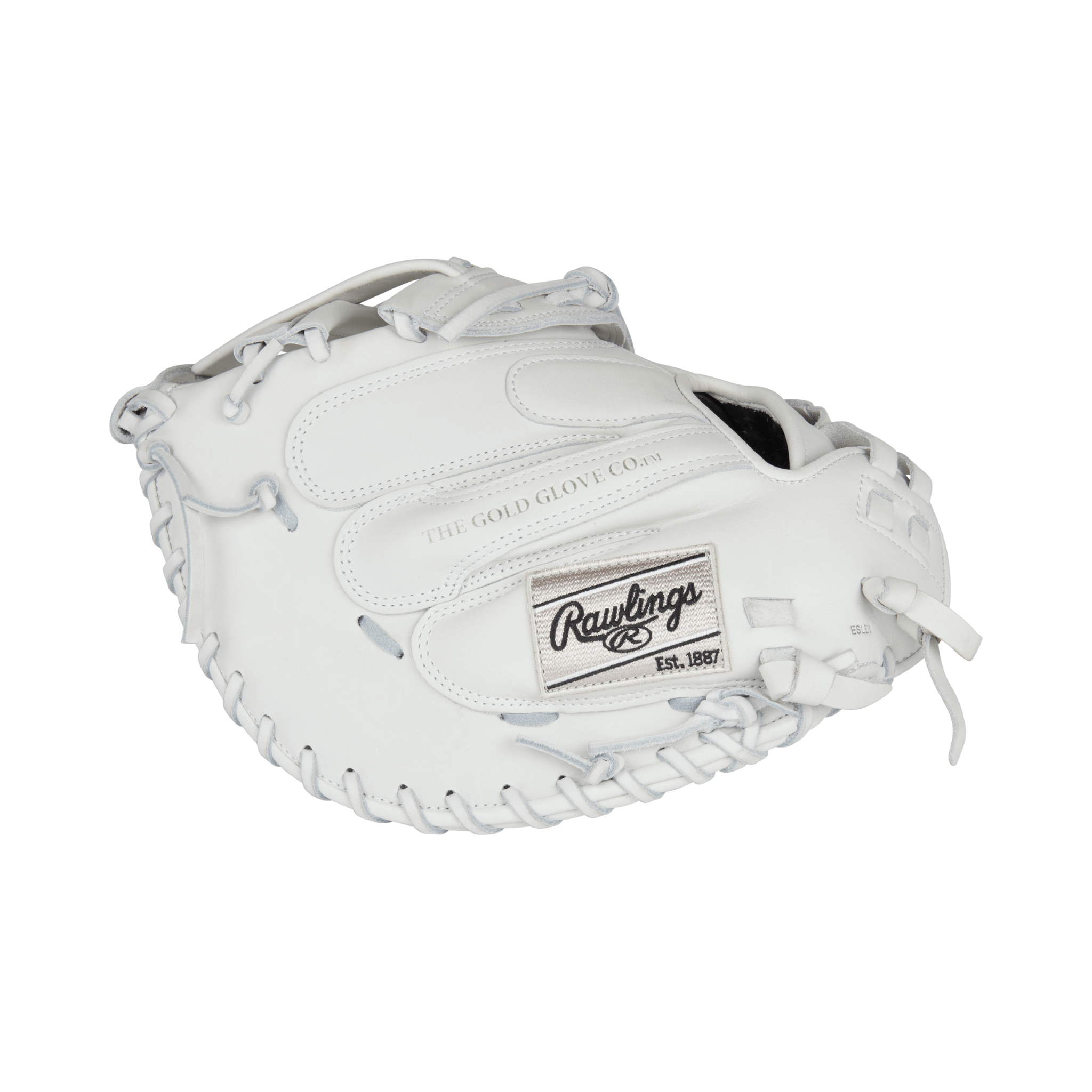 Rawlings Liberty Advanced 34" softball catcher's mitt in white, designed for improved control and comfort for female athletes.