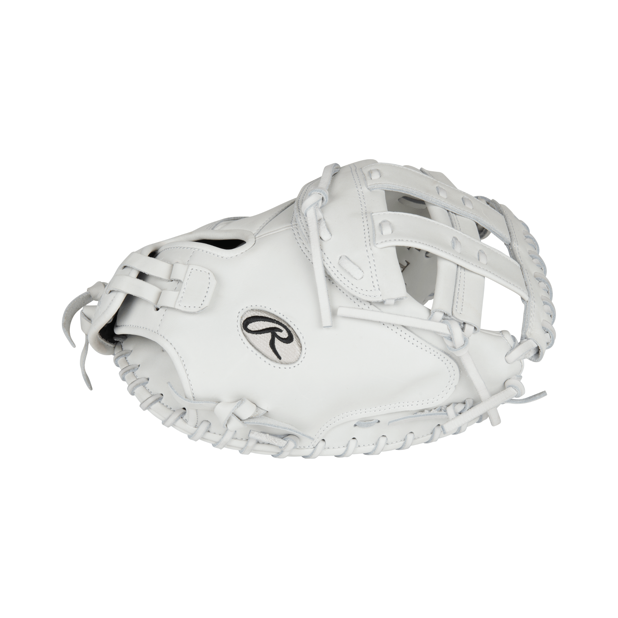 Rawlings Liberty Advanced 34" White Softball Catcher's Mitt, designed for comfort and control on the field.