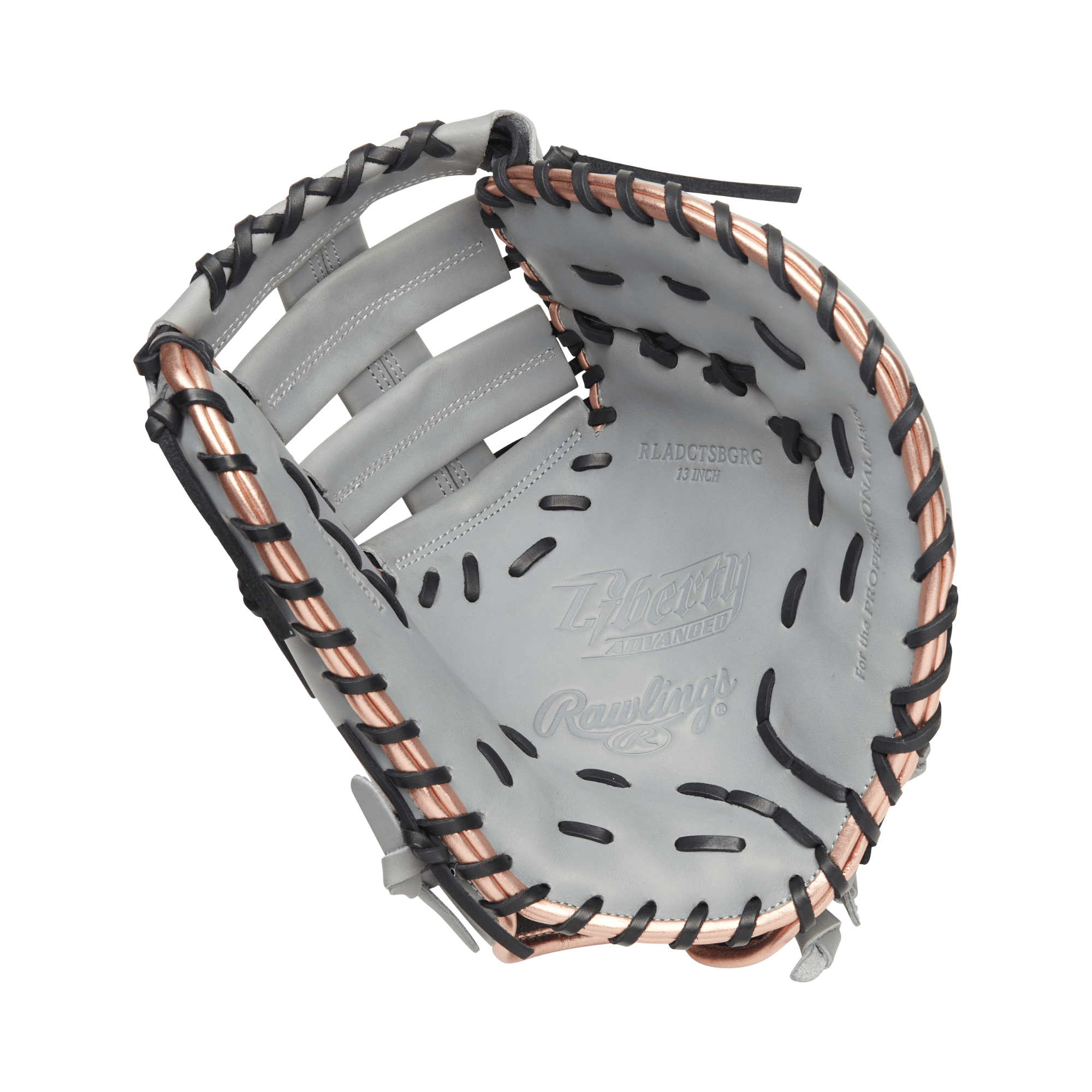 Rawlings Liberty Advanced 13 first base mitt in grey and rose gold, full-grain leather.