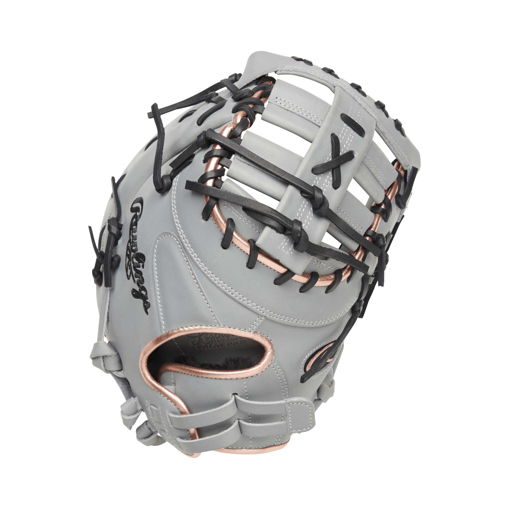 Rawlings Liberty Advanced 13 first base mitt in grey and rose gold, full-grain leather.