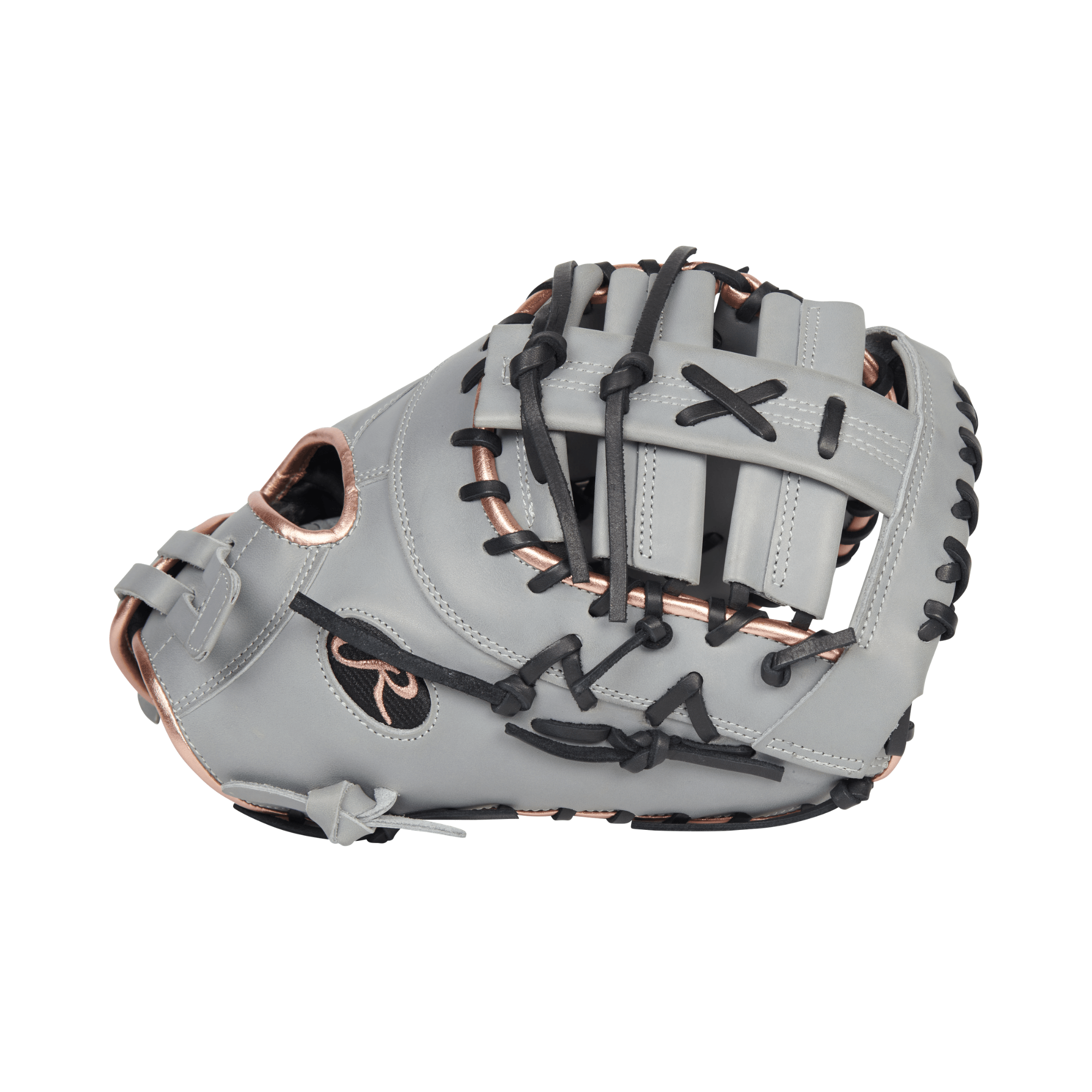 Rawlings Liberty Advanced 13 first base mitt in grey and rose gold, full-grain leather.