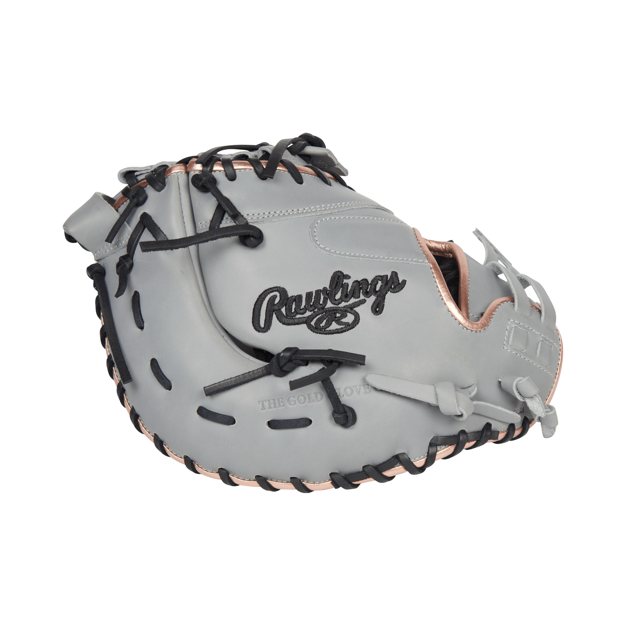 Rawlings Liberty Advanced 13 first base mitt in grey and rose gold, full-grain leather.