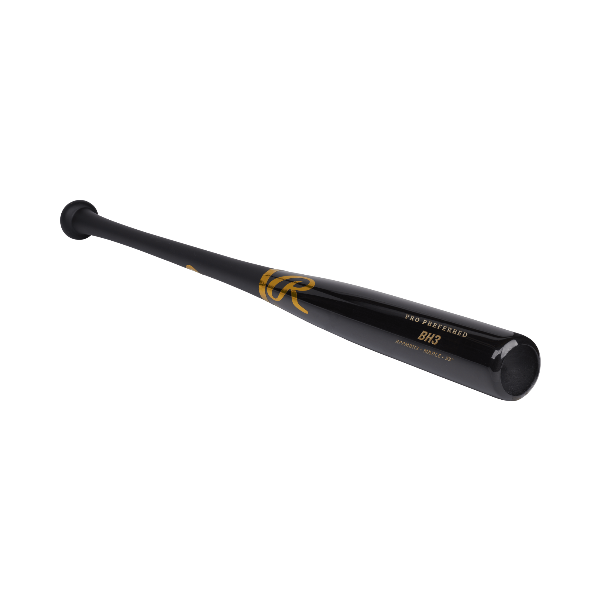 Rawlings Pro Preferred BH3 maple wood bat showcasing sleek black design and high-density barrel for powerful performance.