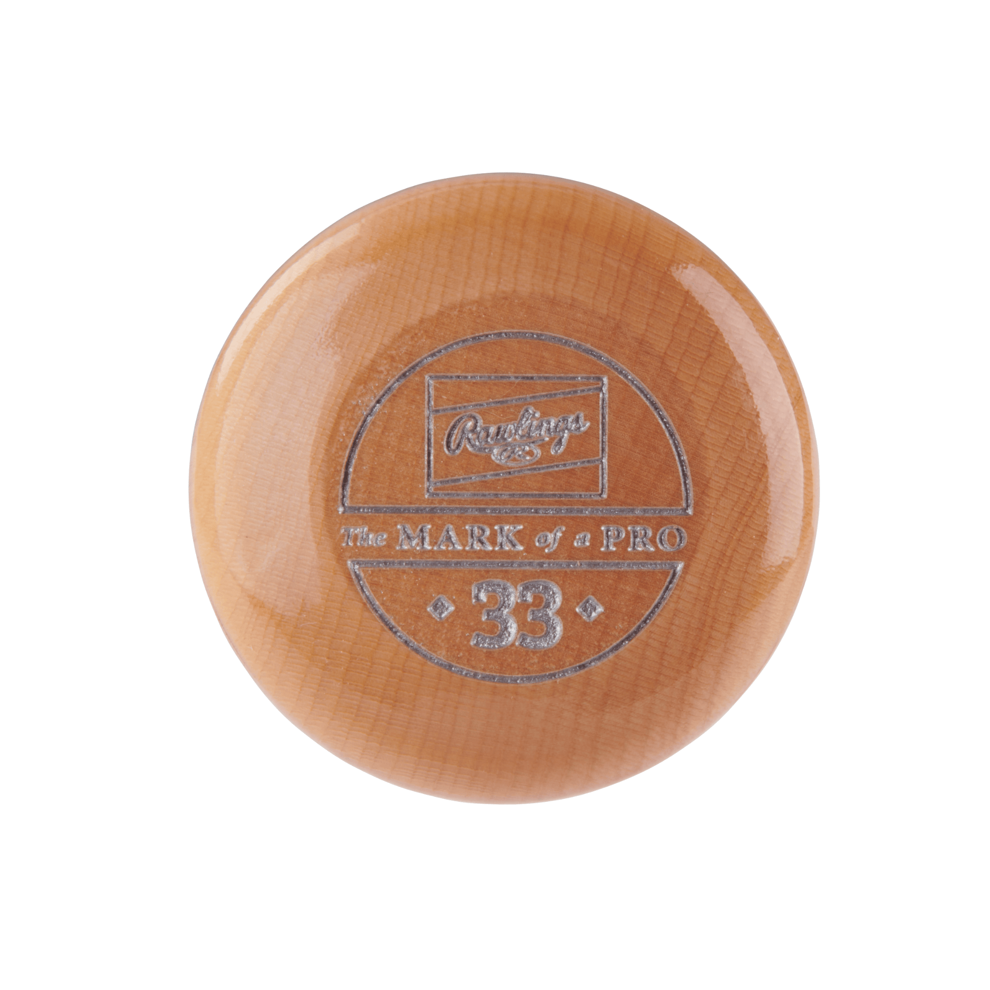 Rawlings Pro Preferred OA1 wood bat end with engraved logo and model number, showcasing premium quality and craftsmanship.